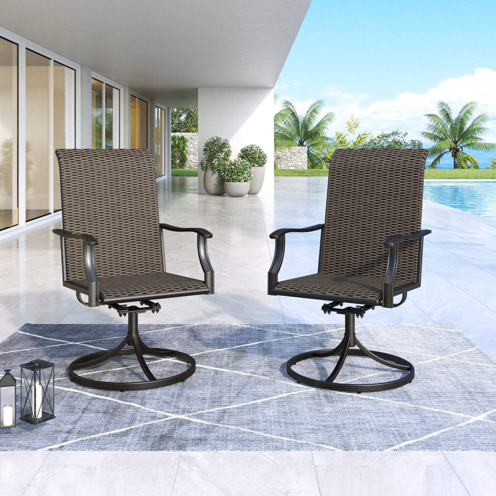 MFSTUDIO Patio Wicker Dining Chairs Set of 2 - Outdoor Rattan Swivel Chairs with High Back & Oversized Seat, All-Weather Metal Frame Furniture for Backyard, Poolside, Garden, or Balcony - Multibrown (Perfect for Outdoor Dining, Lounging, and Entertaining)