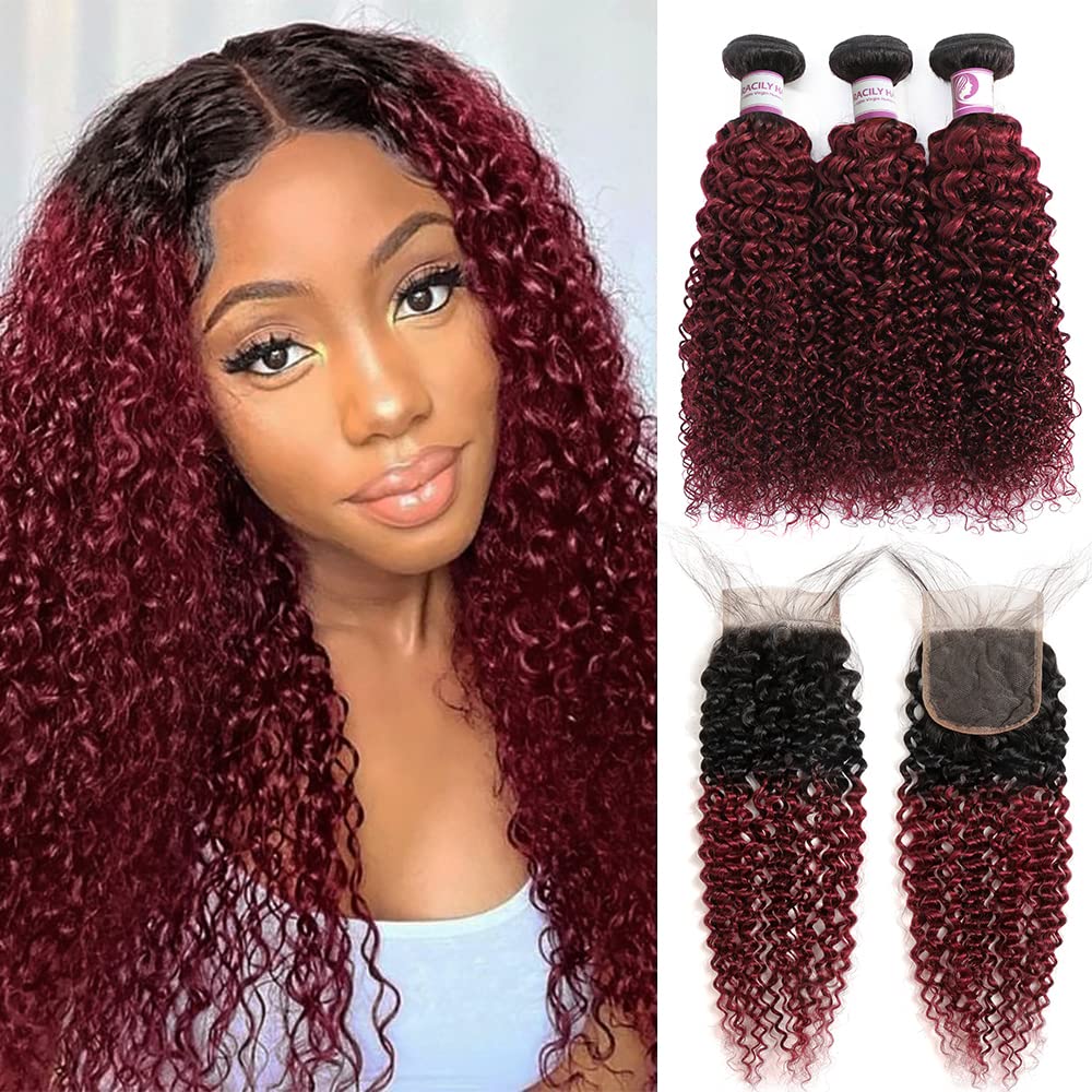 Ombre Burgundy Brazilian Curly Human Hair Extensions 3 Bundles with 18