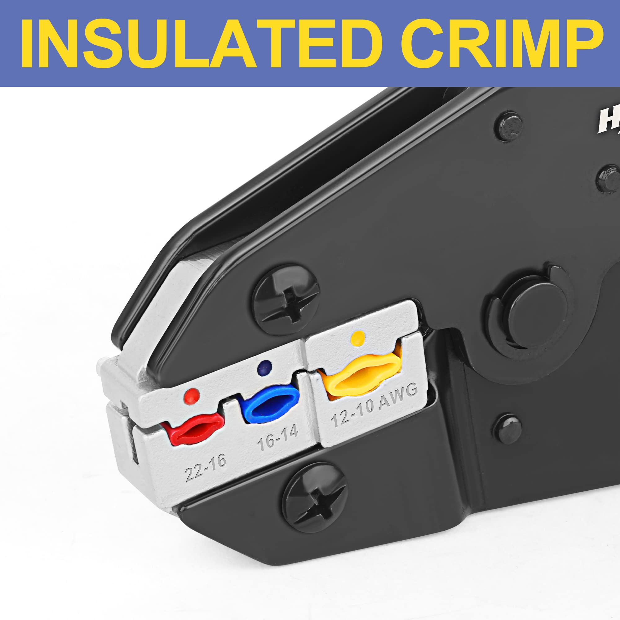 Haisstronica Ratcheting Crimping Tool for Insulated Electrical Wire Connectors (AWG 22-10) - Professional HS-9327 Wire Terminal Crimper for Automotive, Electrical and DIY Projects