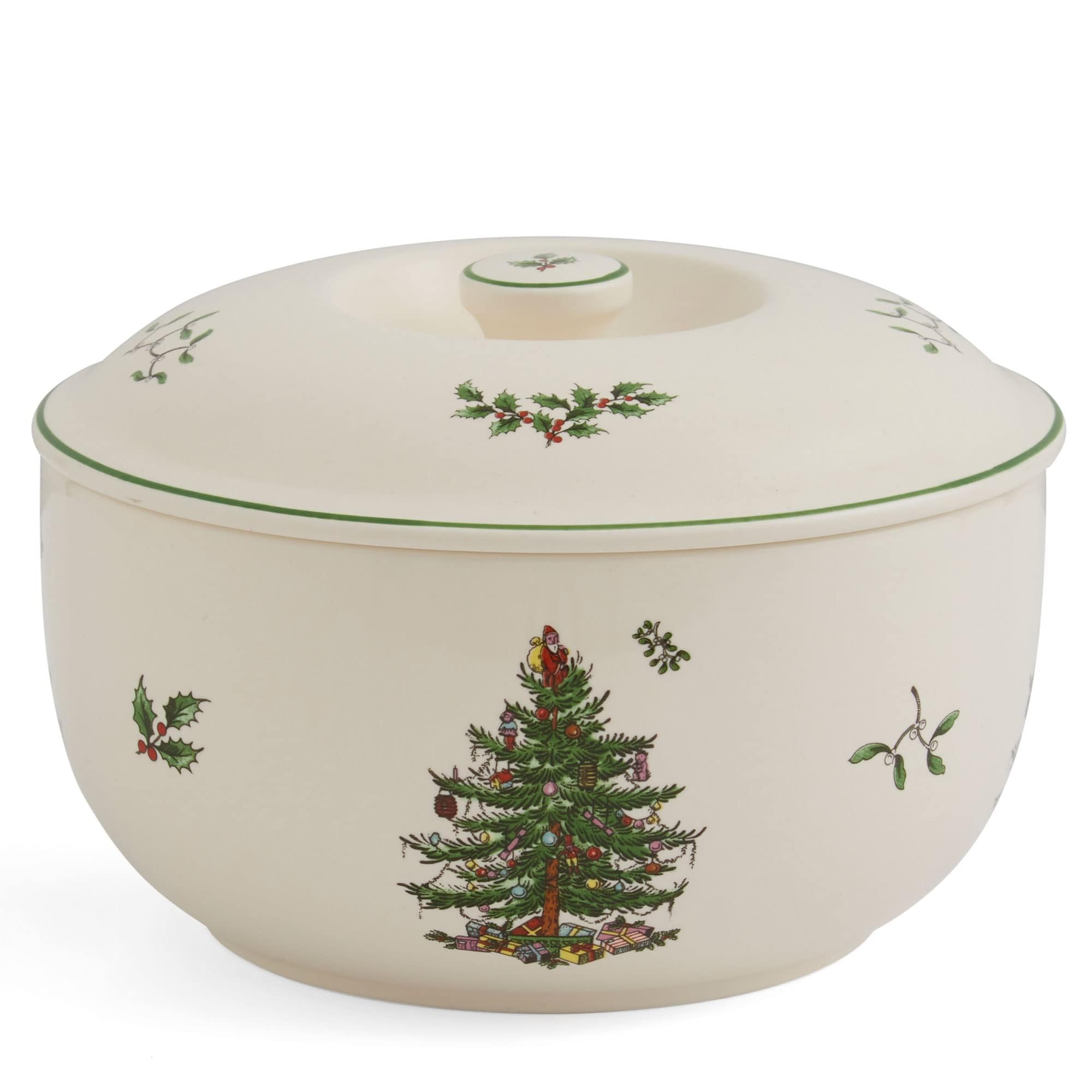 Spode Christmas Tree 1 Quart Round Casserole Dish with Lid - Stoneware Baking Dish for Holiday Desserts, Casseroles & Side Dishes - Oven, Microwave & Dishwasher Safe - Festive Holiday Serveware for Christmas Dinner, Thanksgiving & Family Gatherings