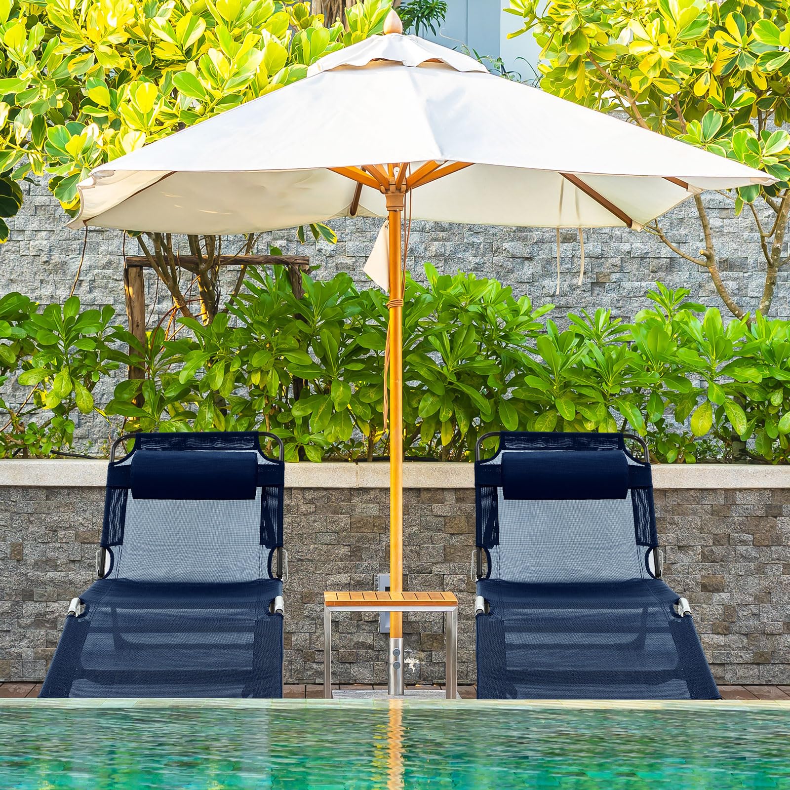 2 Pack Folding Chaise Lounge Chairs - Adjustable Outdoor Reclining Beach Chairs with 5-Position Backrest & Detachable Pillow, Breathable Mesh Sun Lounger for Tanning - Perfect for Poolside, Backyard, Camping & Beach (Navy Blue)