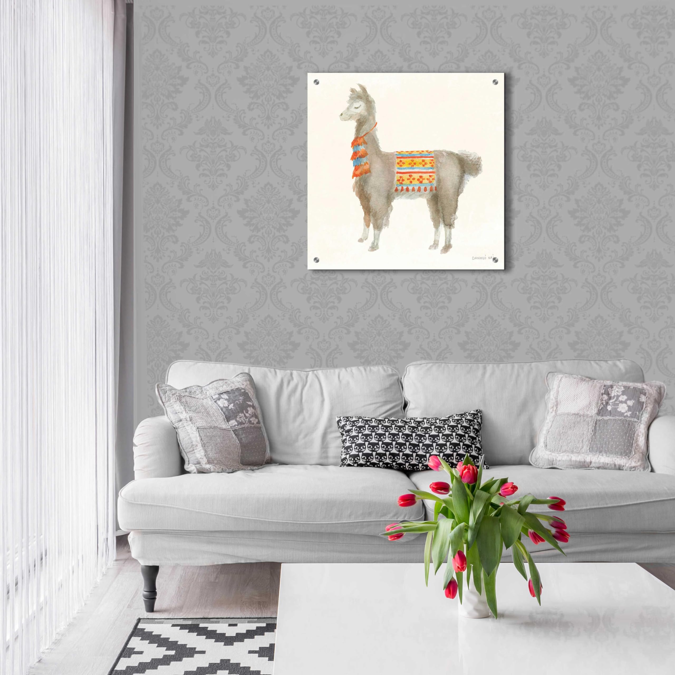 Festive Llama II Wall Art by Danhui Nai - 24x24 Inch Acrylic Glass Canvas Painting - Modern Home Decor for Living Room, Bedroom & Office