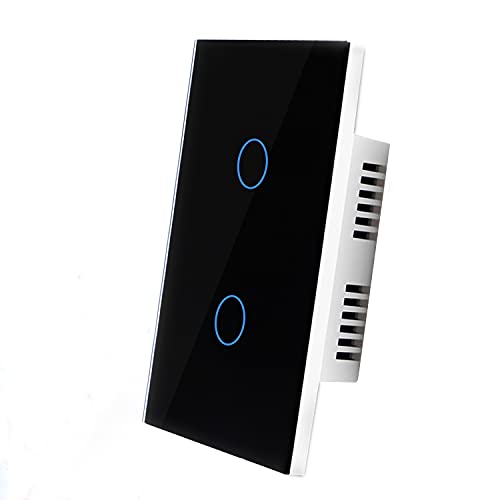 Smart Glass Touch Light Switch - 2 Gang, Black - Alexa & Google Home Compatible, No Hub Required, App & Remote Control, Timer Function - Perfect for Smart Homes & Modern Living Spaces