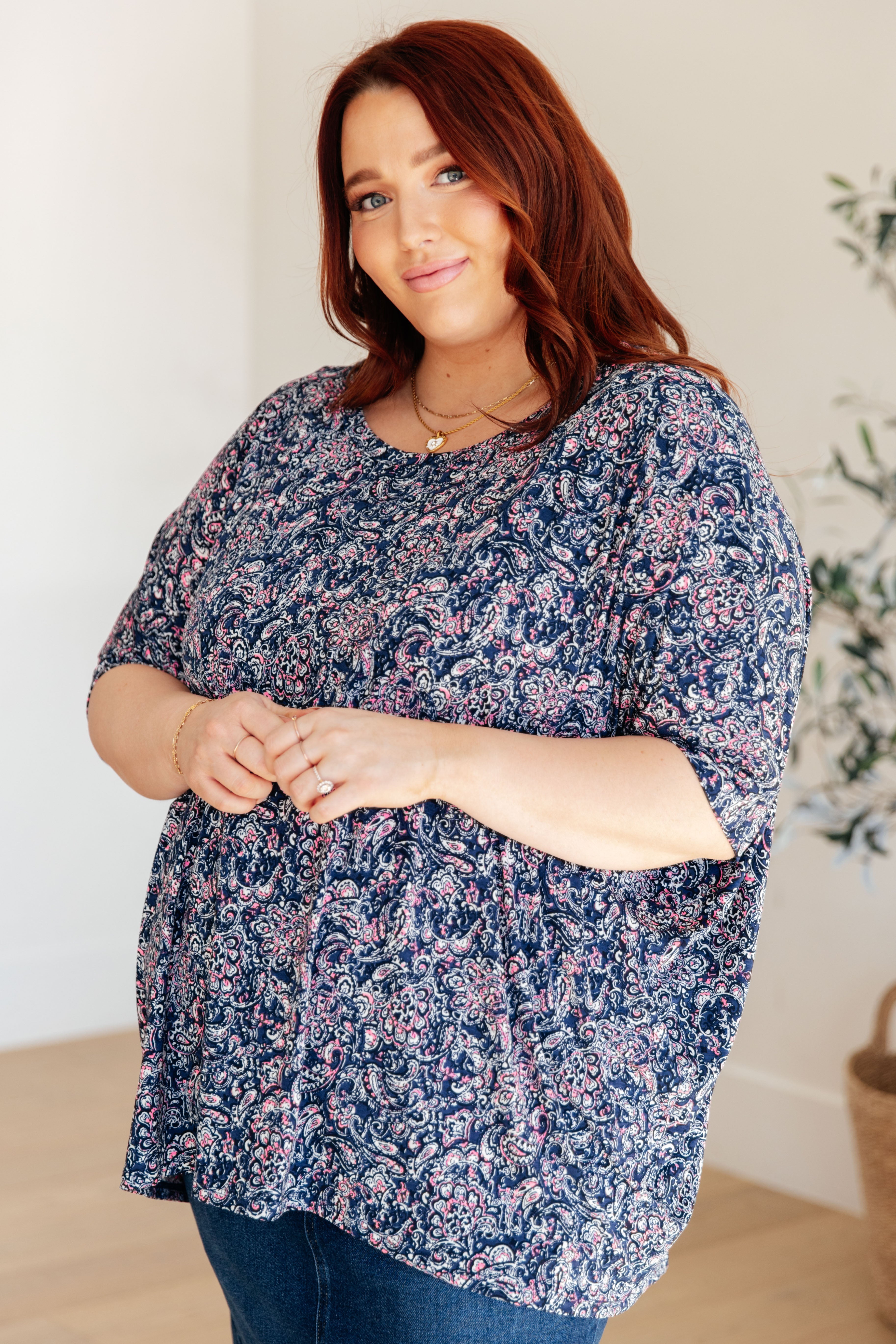 Dear Scarlett Navy Paisley Essential Blouse for Women - Flowy Casual Top with Short Sleeves - Perfect for Office, Date Night & Summer Outfits