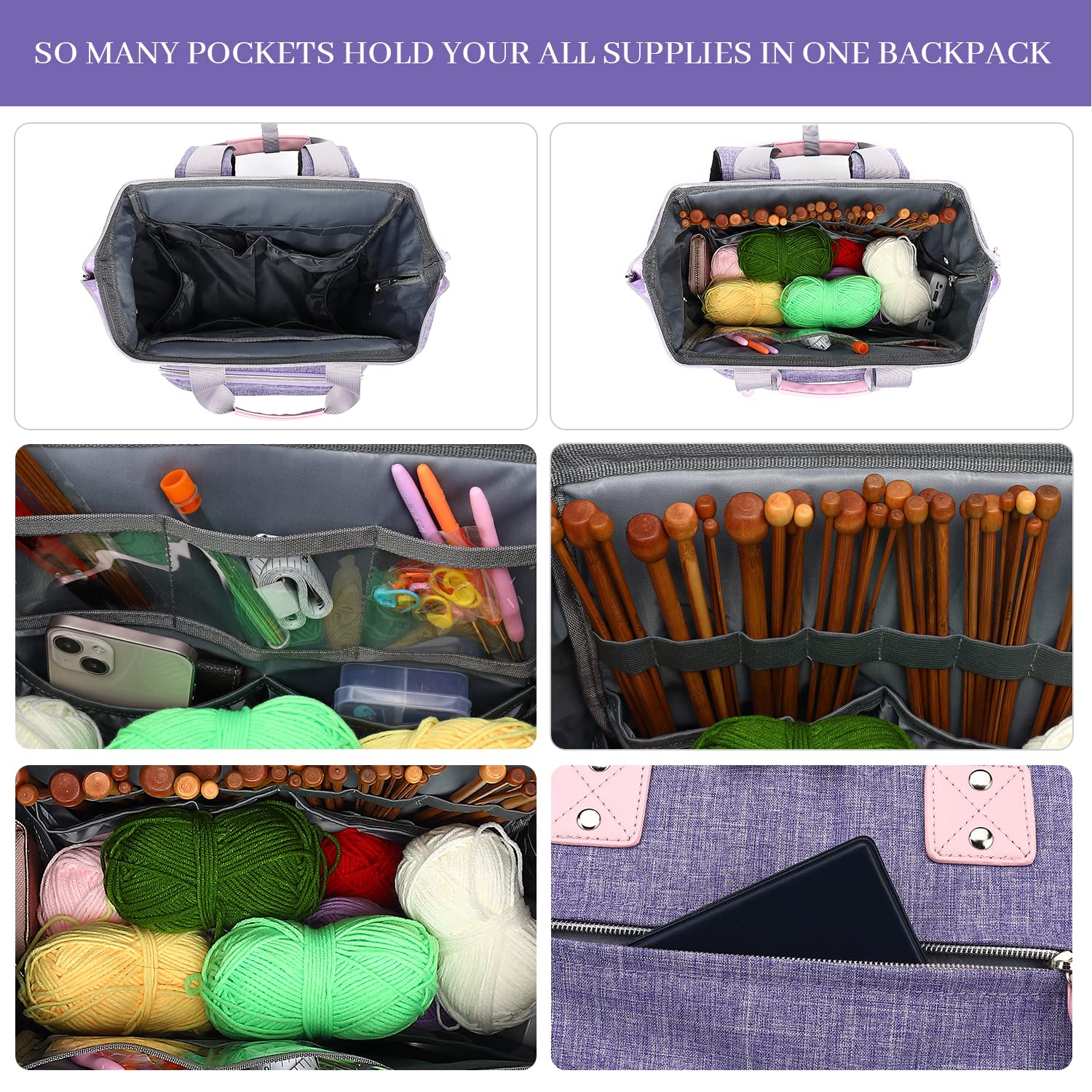 Crochet Backpack for Knitting & Yarn Storage - Large Travel Tote Bag with USB Charging Port (Purple) | Perfect for Crafters, Knitters & On-the-Go Projects