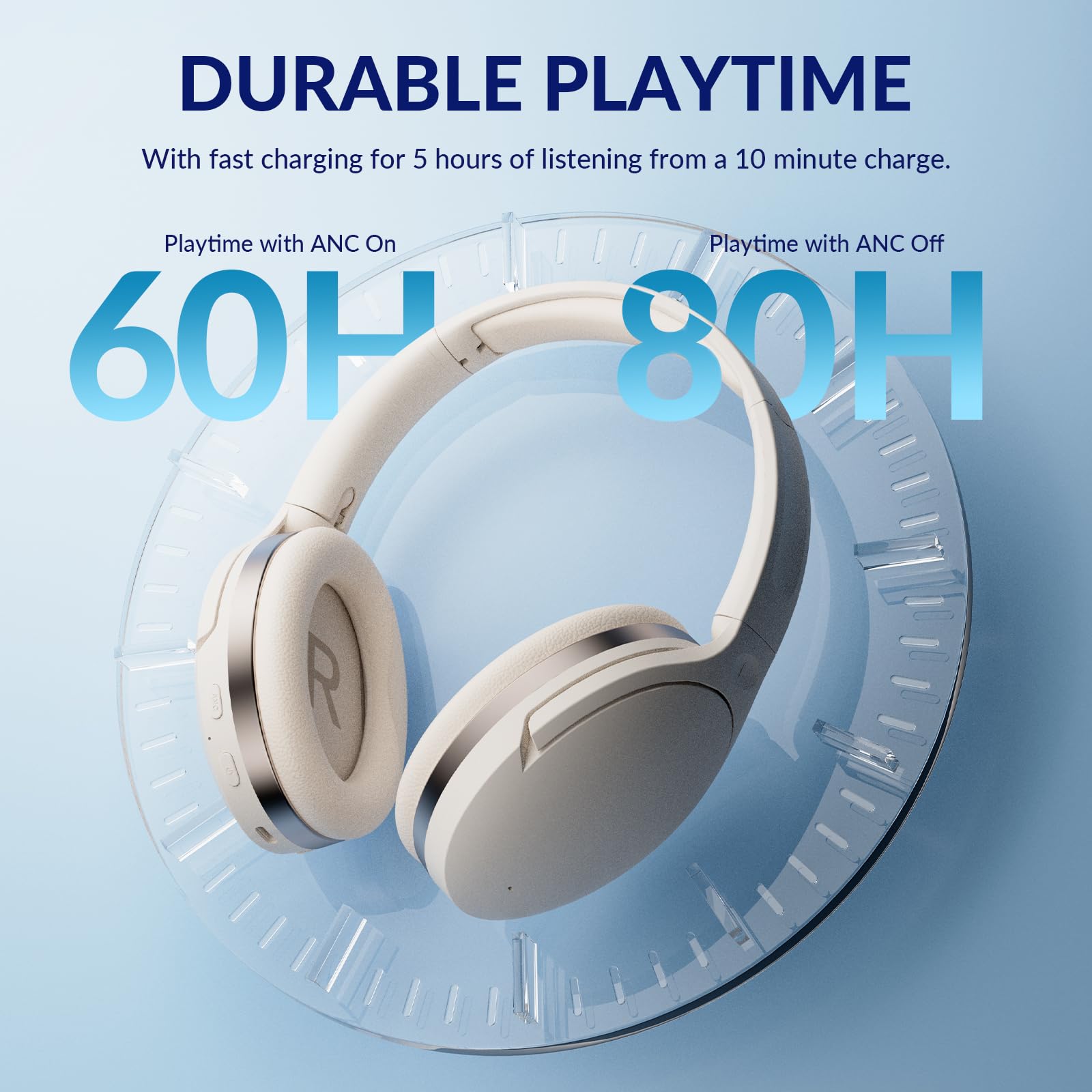 TONEMAC H3 Wireless Over-Ear Headphones with Adaptive Noise Cancelling, 80H Playtime, Foldable Design - Perfect for Gym, Travel, Home Office & Commuting