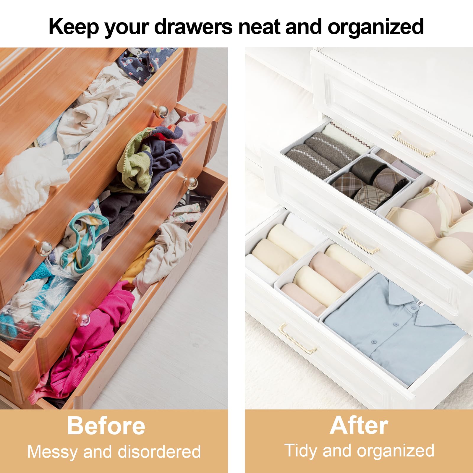 16-Piece Fabric Drawer Organizer Set - Foldable Storage Baskets & Closet Dividers for Clothes, Socks, Underwear & Ties | Cabinet & Dresser Organization | White Space-Saving Storage Solution for Bedroom, Bathroom & Nursery