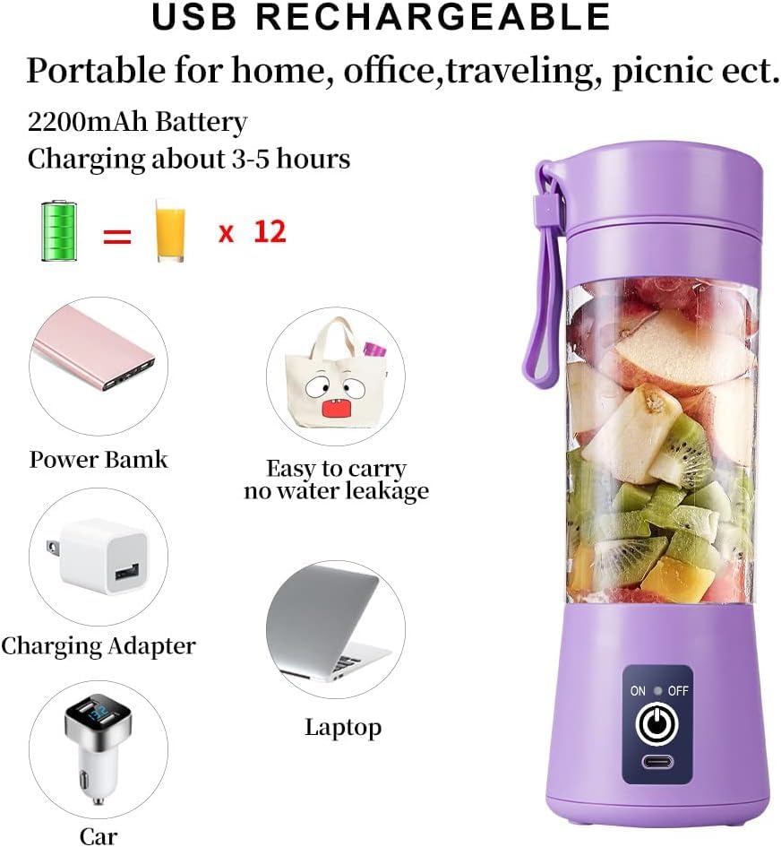 Portable USB Electric Blender Cup - Mini Personal Smoothie Maker for Shakes, Juices & Protein Drinks (7.5x7.5x23cm, Purple) | Perfect for Gym, Office & Travel
