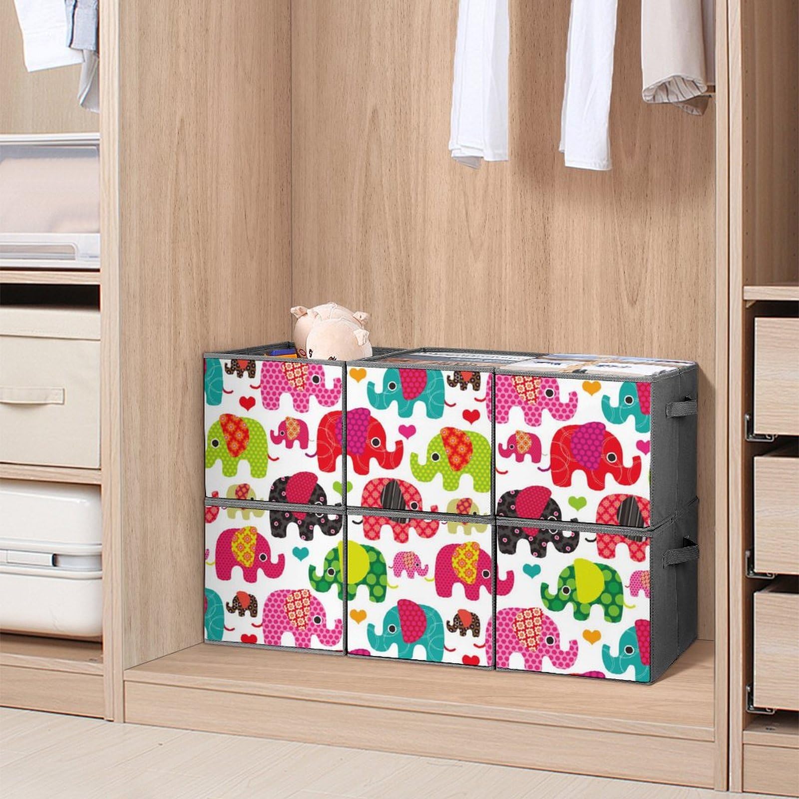 Colorful Elephant Print Foldable Storage Bins 6-Pack - 10.6x10.6x10.6 Inch Collapsible Cube Organizers with Handles for Closet, Shelves, Kids Room & Toy Storage