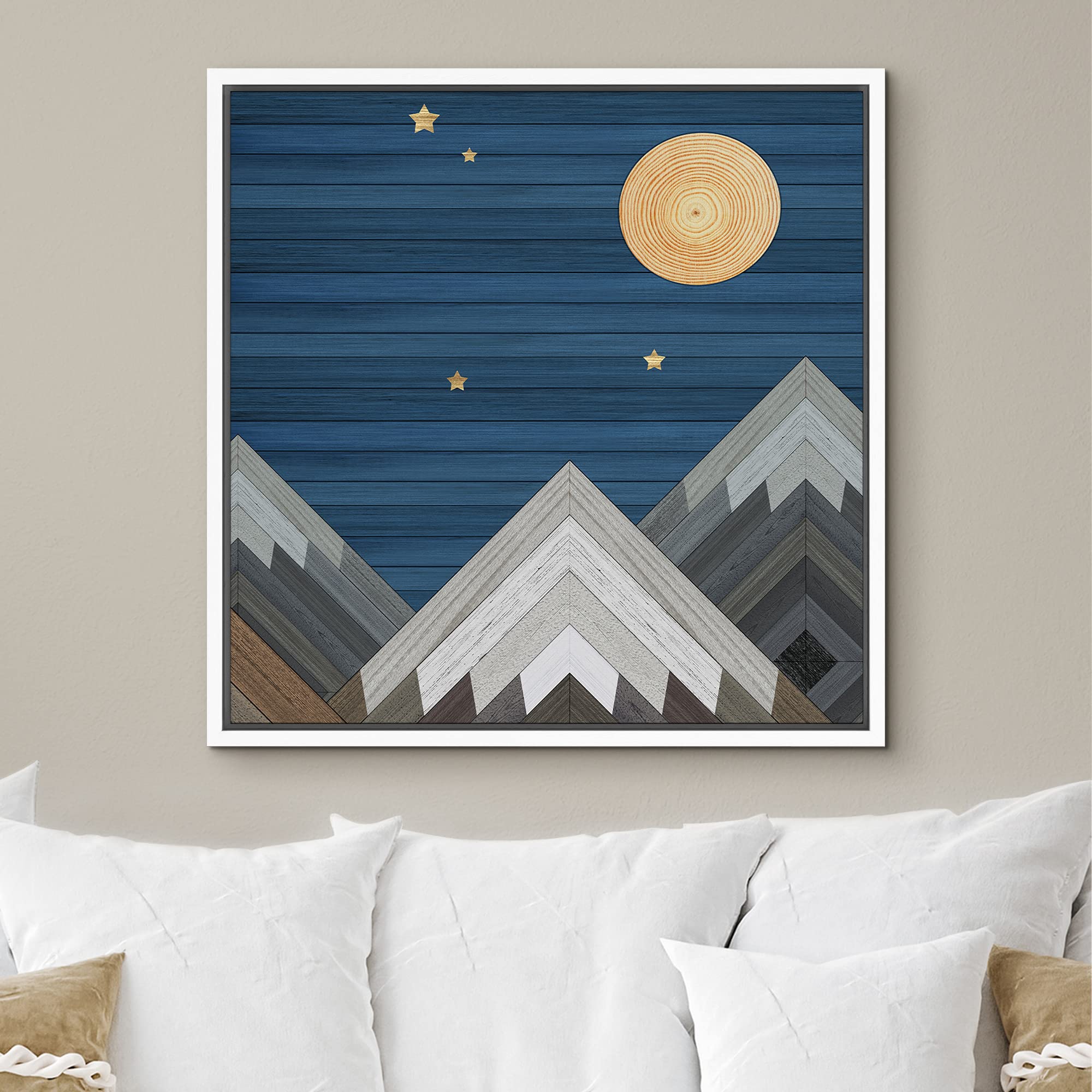 IDEA4WALL Framed Canvas Print - Western Decor Wood Block Night Moon Sky Mountain Range Nature Wilderness Illustration - Modern Wall Art for Living Room, Bedroom, Office - 24