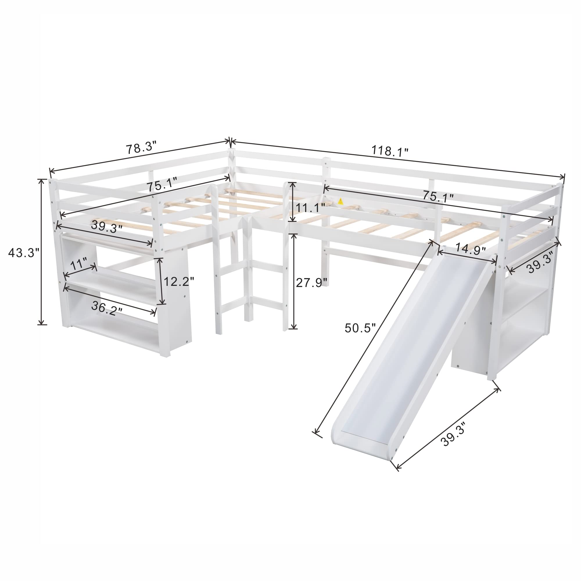 Twin Size L-Shaped Loft Bed with Slide & Movable Two-Tier Shelves - Space-Saving Kids Furniture for Small Bedrooms (White) | Perfect for Dorm Rooms, Playrooms & Tiny Homes