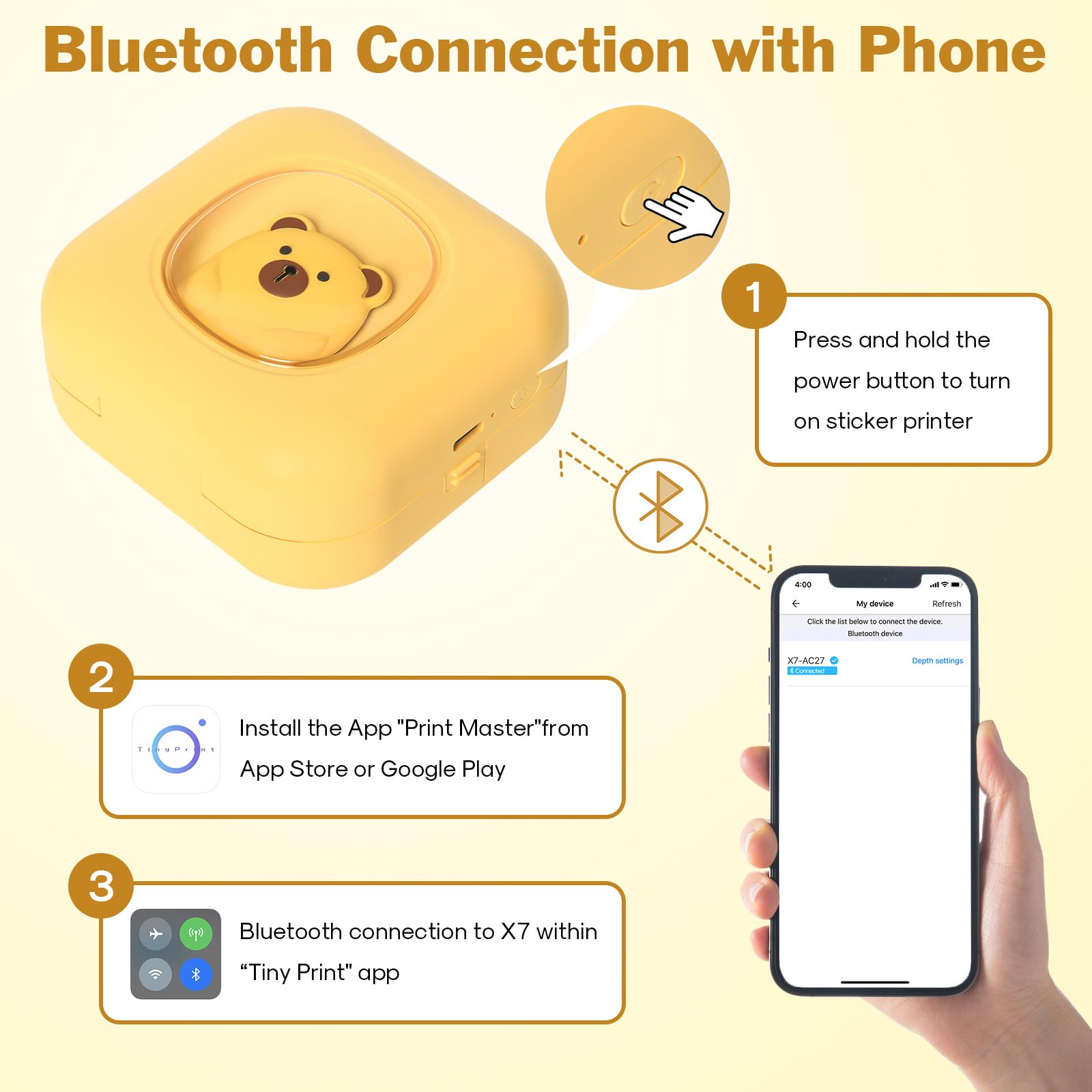 Mini Sticker Printer - Inkless Bluetooth Thermal Printer for Photos, Journals & DIY Projects | Compatible with iOS/Android | Includes 6 Paper Rolls (Yellow) | Perfect for Scrapbooking, Planner Decoration & School Notes