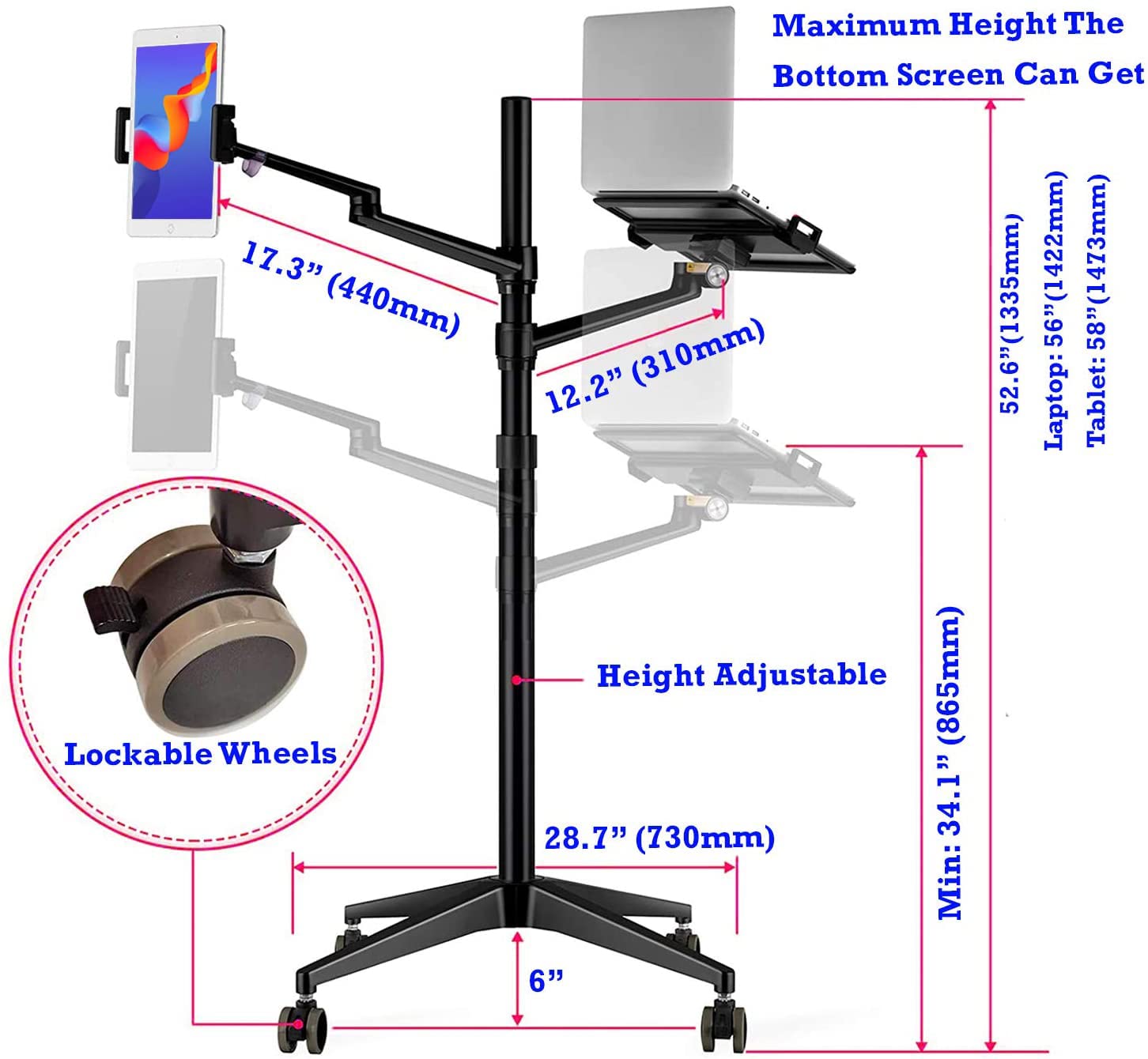 Adjustable Triple Arm Rolling Stand Mount for Laptop (11-17 inch), iPad Pro 12.9 inch, Tablet & Ereader - Black | Perfect for Home Office, Gaming & Remote Work