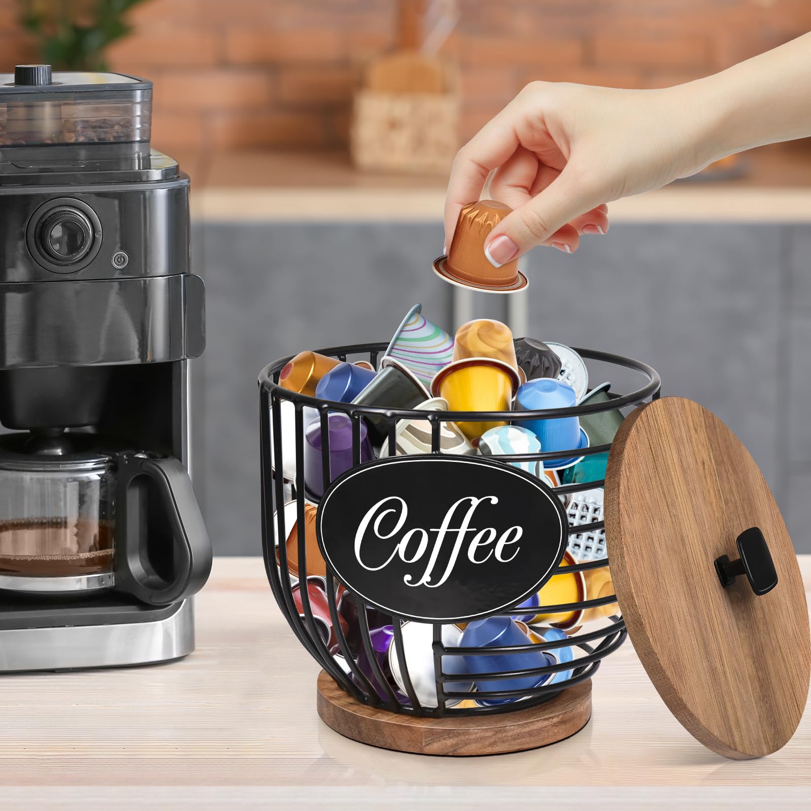 Rustic Coffee Pod Holder Organizer - Black Wire with Wood Base for Keurig K-Cups & Nespresso Capsules - Coffee Bar Accessories & Decor - Perfect for Kitchen Countertop & Coffee Station Organization