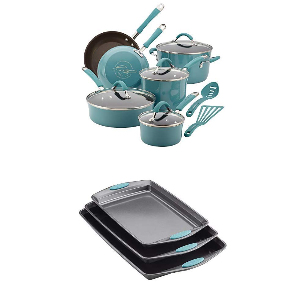 Rachael Ray 16344 12-Piece Nonstick Aluminum Cookware Set in Agave Blue - Includes 3-Piece Bakeware Cookie Pan Set with Gray & Blue Silicone Grips - Perfect for Baking, Cooking & Kitchen Essentials