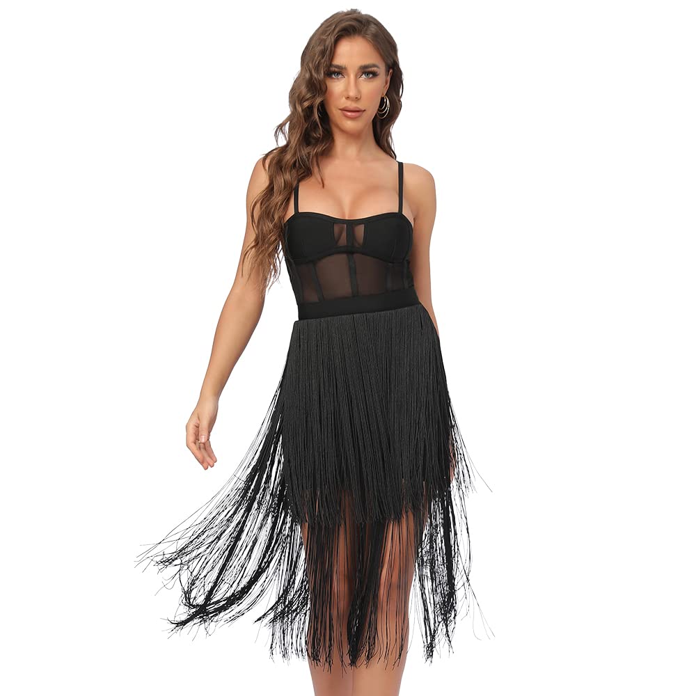 Sexy Black Fringe Tassel Bandage Dress - Mini Cocktail Party Dress for Prom, Nightclub & Evening Events | Stretchy Bodycon Clubwear for Women