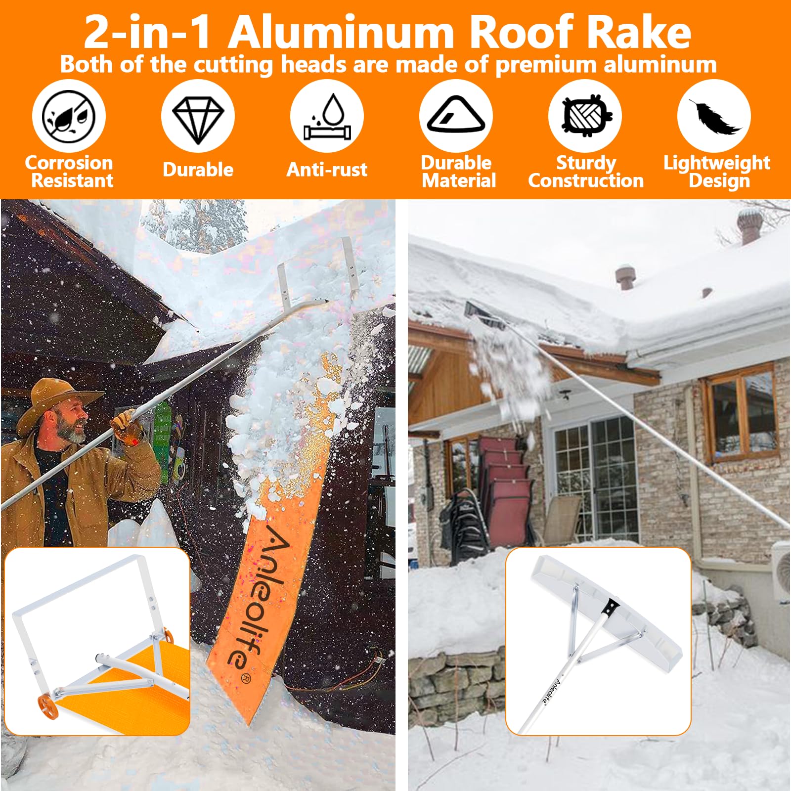 ANLEOLIFE ANS1000 2-in-1 Telescopic Roof Snow Rake & Heavy Duty Shovel Combo - Extendable Aluminum Snow Removal Tool for Asphalt Shingle, Tile, Metal & Solar Panel Roofs - Perfect for Winter Home Maintenance & Roof Protection