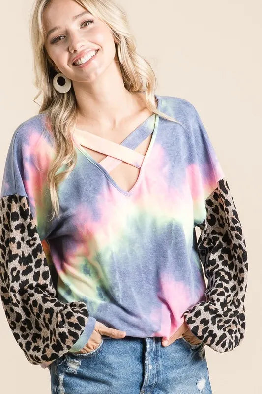 BiBi Tie Dye Terry Crop Top with Leopard Print Puff Sleeves | Trendy Women's Fashion for Summer Outfits, Music Festivals & Beach Vacations