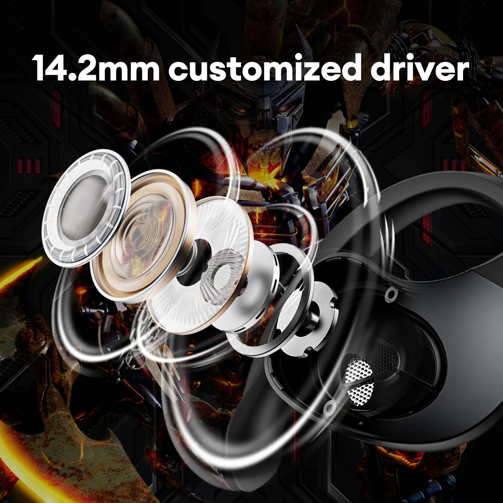 Transformers Open Ear Wireless Bluetooth 5.4 Headphones - IPX5 Waterproof, Noise Cancelling Gaming Earbuds with Mic & Earhooks for Android/iOS (Black) - Perfect for Running, Sports & Outdoor Activities