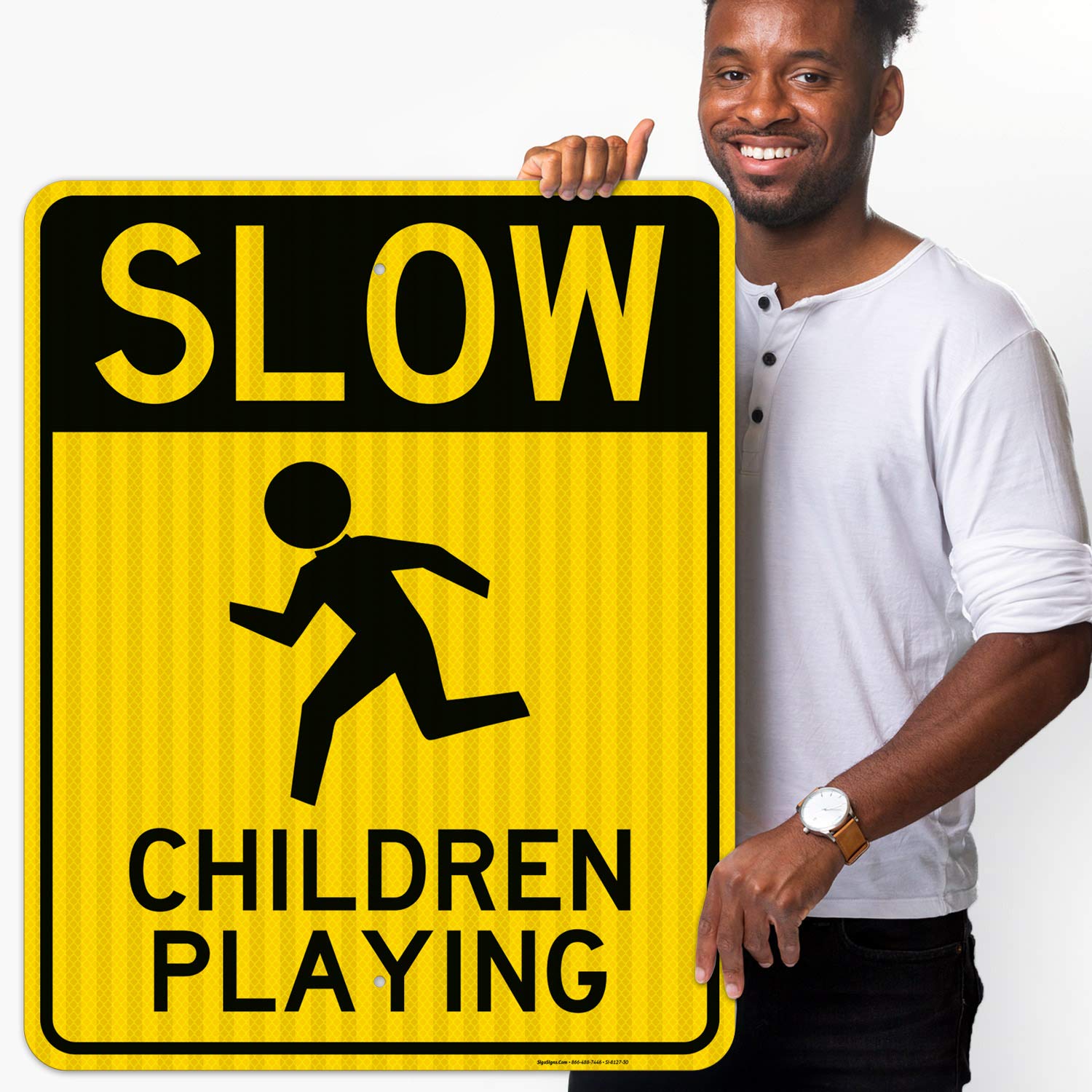 Slow Children Playing Sign - 24x30 Inches Reflective Aluminum Board - 3M EGP .080 Thick - Fade Resistant & Easy Mounting - Indoor/Outdoor Safety Sign - Made in USA - Perfect for School Zones, Neighborhoods & Play Areas