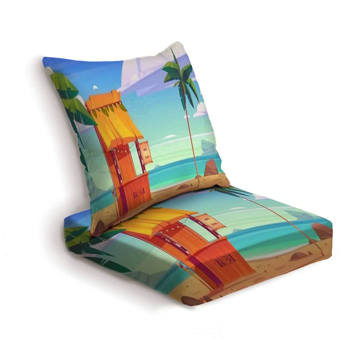 2-Piece Deep Seat Cushion Set for Patio Furniture - Tropical Tiki Bar Style with Tribal Mask Design - Indoor Outdoor Lounge Chair Pillows for Summer Relaxation, Backyard Conversations, and Poolside Snacking