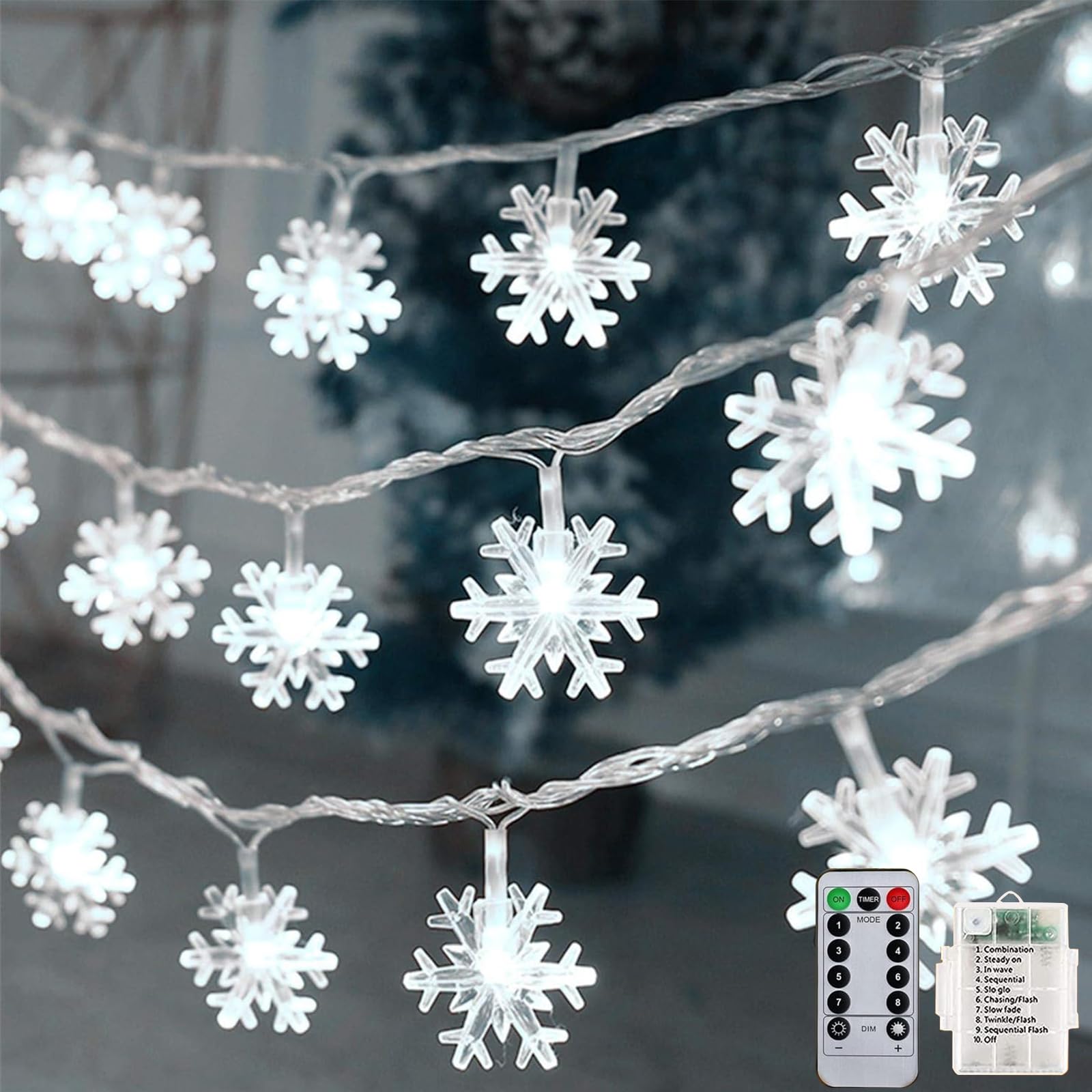 20ft 40LED Christmas Snowflake String Lights - 8 Lighting Modes with Timer & Remote Control - Battery Operated Fairy Lights for Indoor Outdoor Holiday Decor (White) - Perfect for Christmas Tree, Party, Garden, Patio and Home Decoration