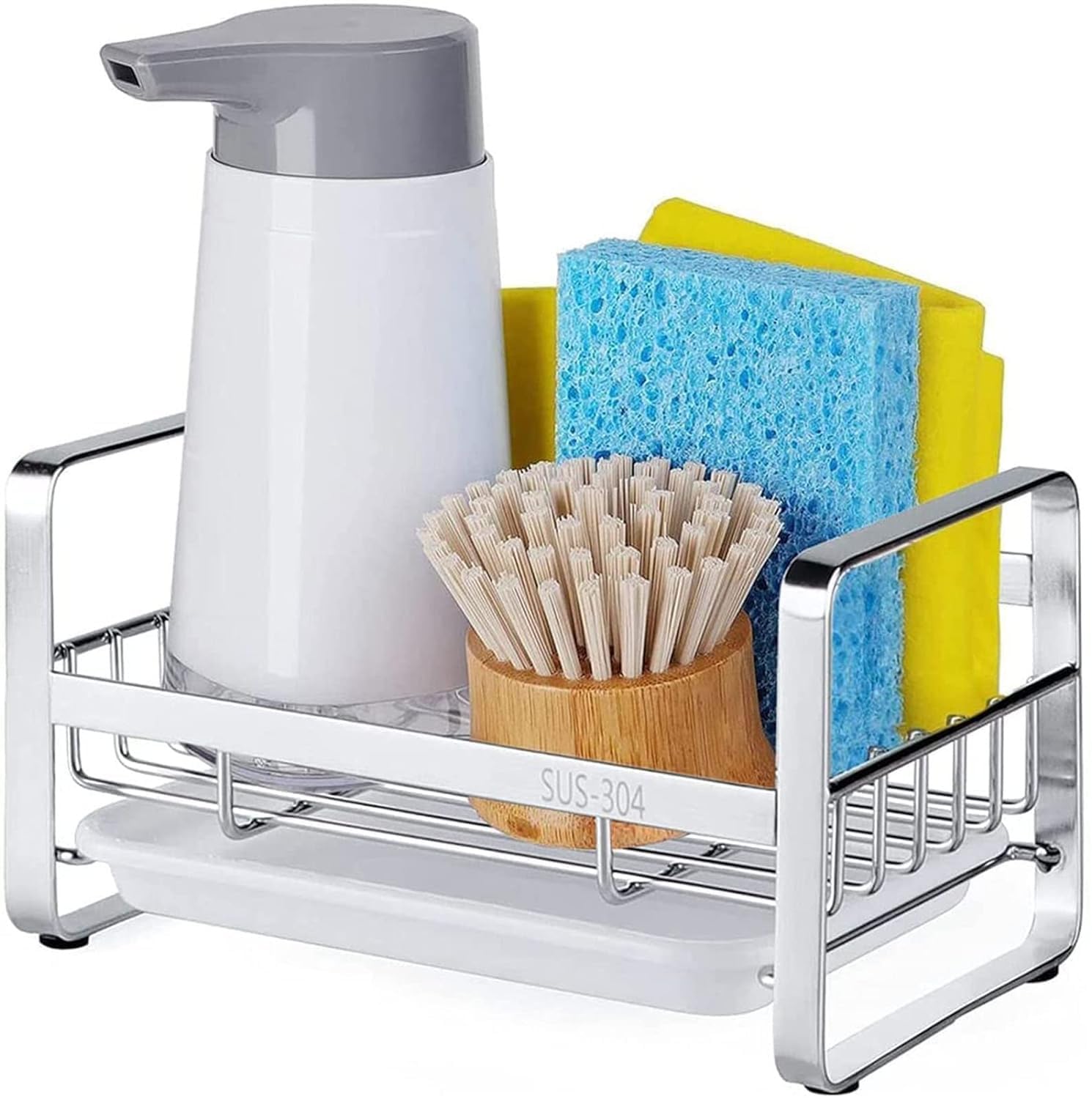 304 Stainless Steel Kitchen Sink Organizer & Sponge Holder - Sink Caddy with Removable Tray, Drainer Rack for Brushes & Soap - Perfect for Kitchen Organization & Countertop Storage (Dispenser & Brush Not Included)