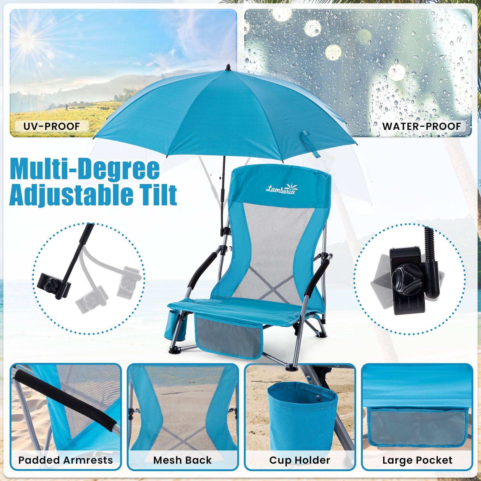 Lamberia Folding Beach Chair with Umbrella - Portable Low Profile Camping Chair for Adults, Supports 300lbs - Lightweight Foldable Outdoor Chair for Travel, Picnic, Concert, Beach & Backyard Relaxation - Blue