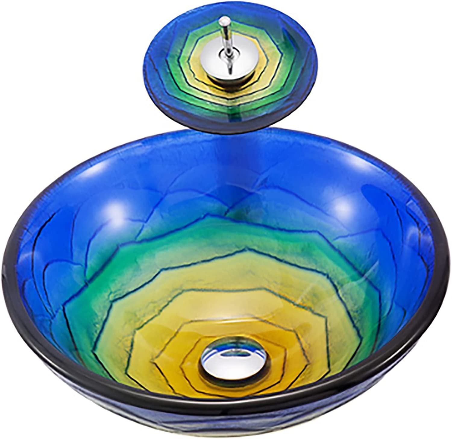 SAZAO Blue Tempered Glass Vessel Sink - Modern Above Counter Bathroom Vanity Sink with Waterfall Faucet & Pop-up Drain - Perfect for Contemporary Bathrooms, Powder Rooms, and Spa-Like Retreats