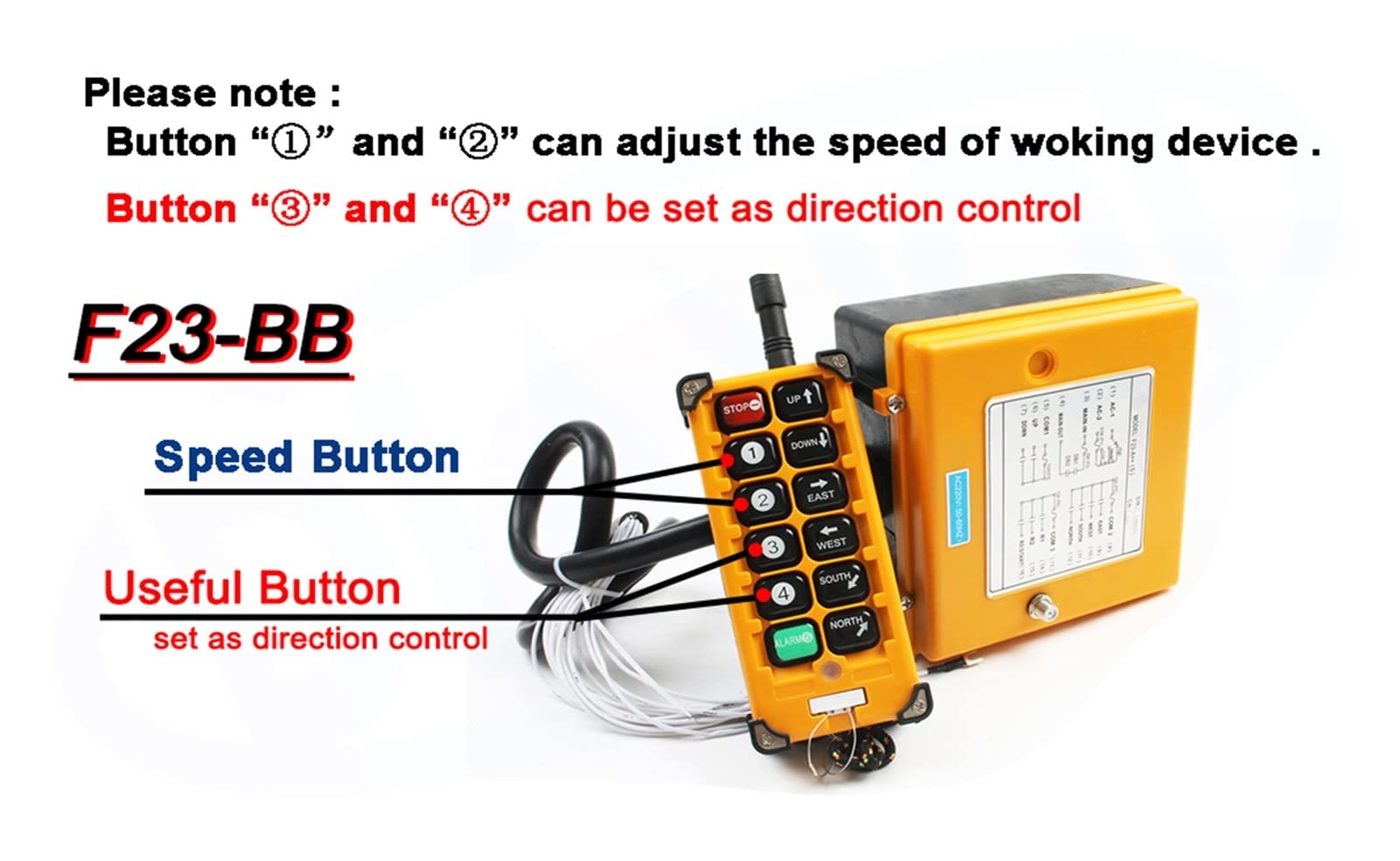 F23-BB Industrial Wireless Radio Remote Controller Switch - 1 Receiver + 1 Transmitter with Speed Control for Hoist & Crane (VHF 310-331MHz, AC 220V) - Perfect for Construction Sites, Warehouses, and Heavy Equipment Operations