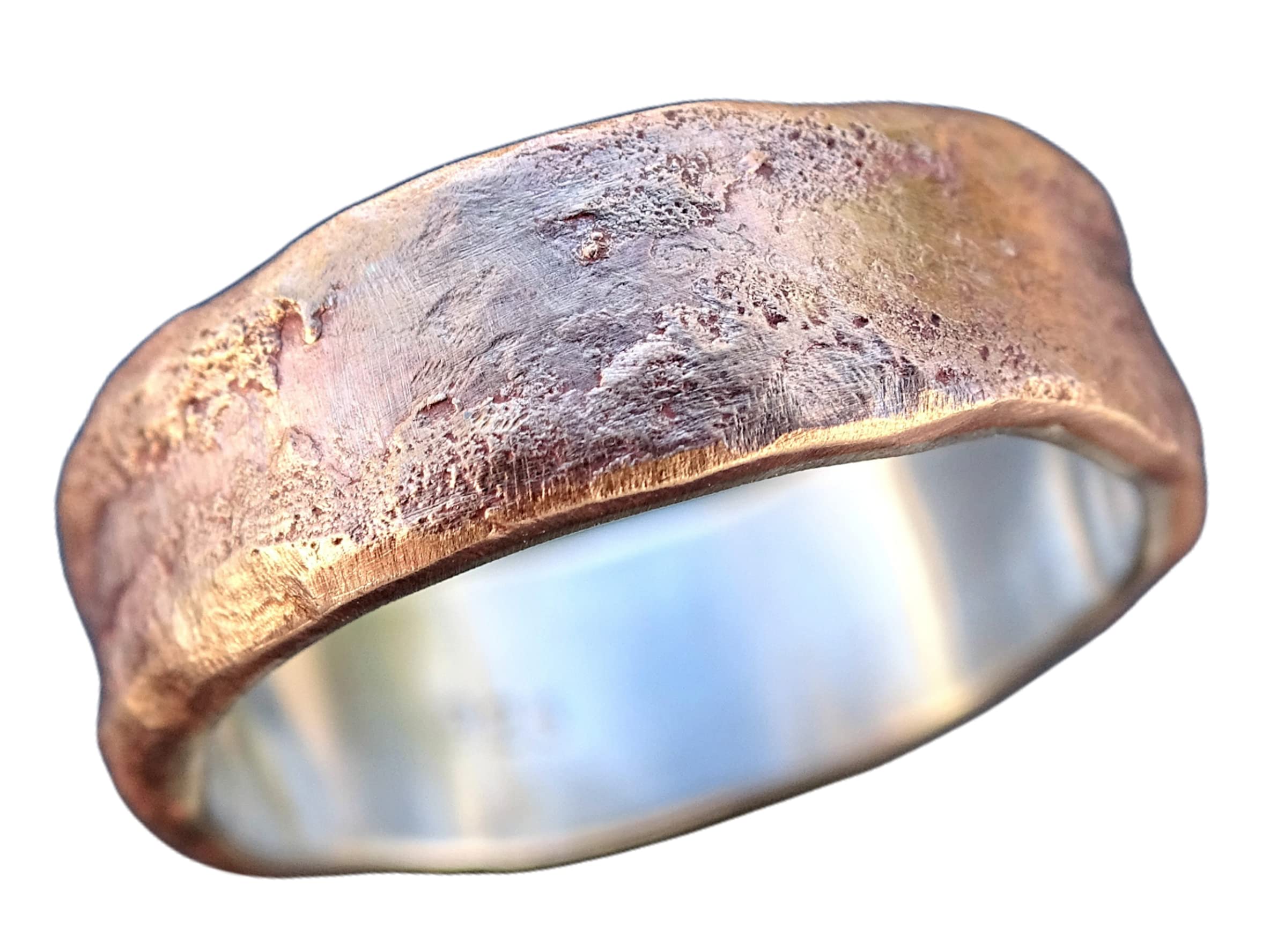 Stylish Bronze & Silver Men's Ring - Cool Wedding Band, Anniversary & Engagement Gift - Molten Structured Design with Wood Grain Texture - Perfect for Weddings, Anniversaries & Everyday Wear