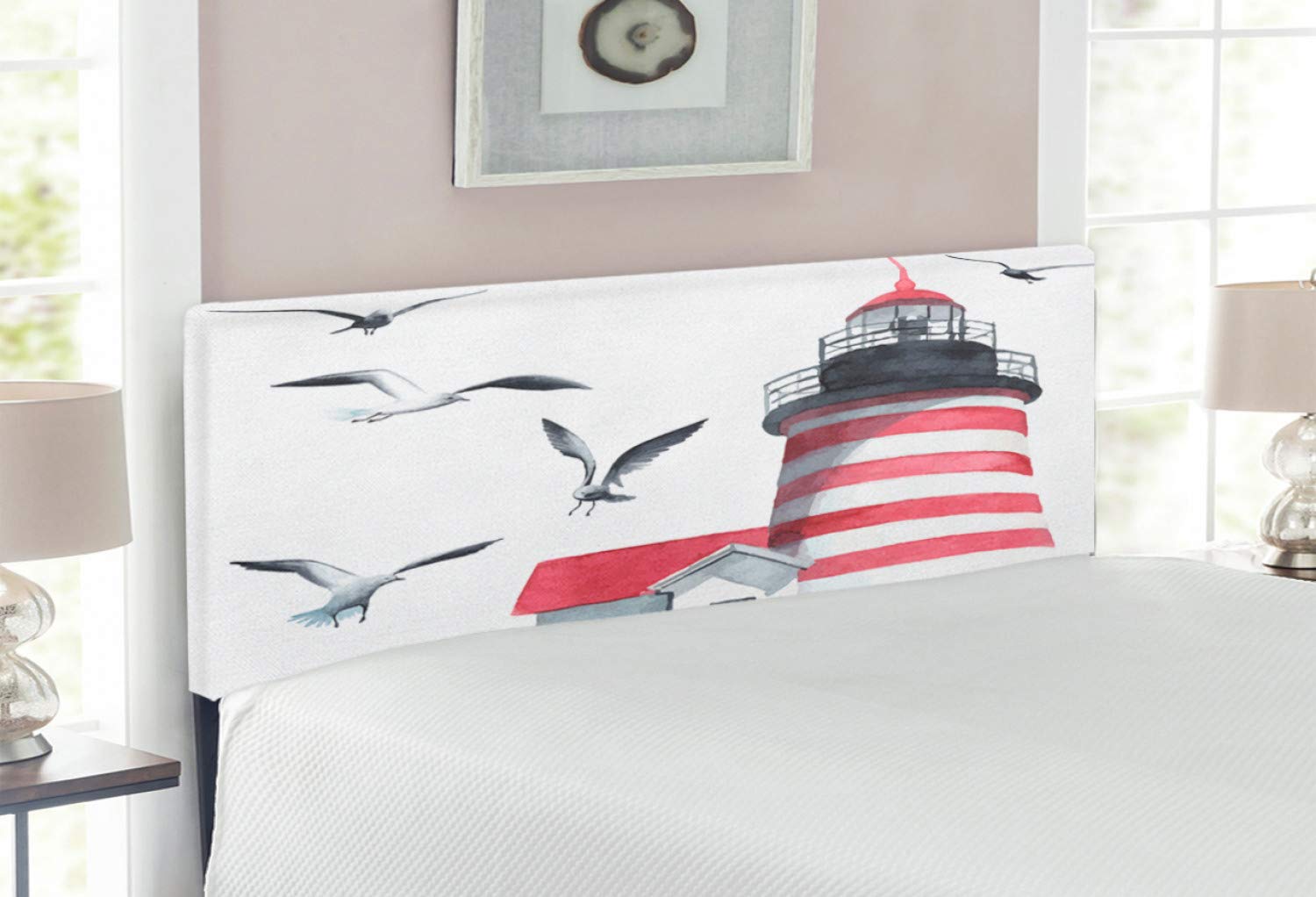 Ambesonne Lighthouse Headboard - Upholstered Decorative Metal Bed Headboard with Memory Foam, Full Size, Red Grey White | Coastal Nautical Theme with Lighthouse and Seagulls Art | Perfect for Beach House, Coastal Bedroom or Nautical Decor