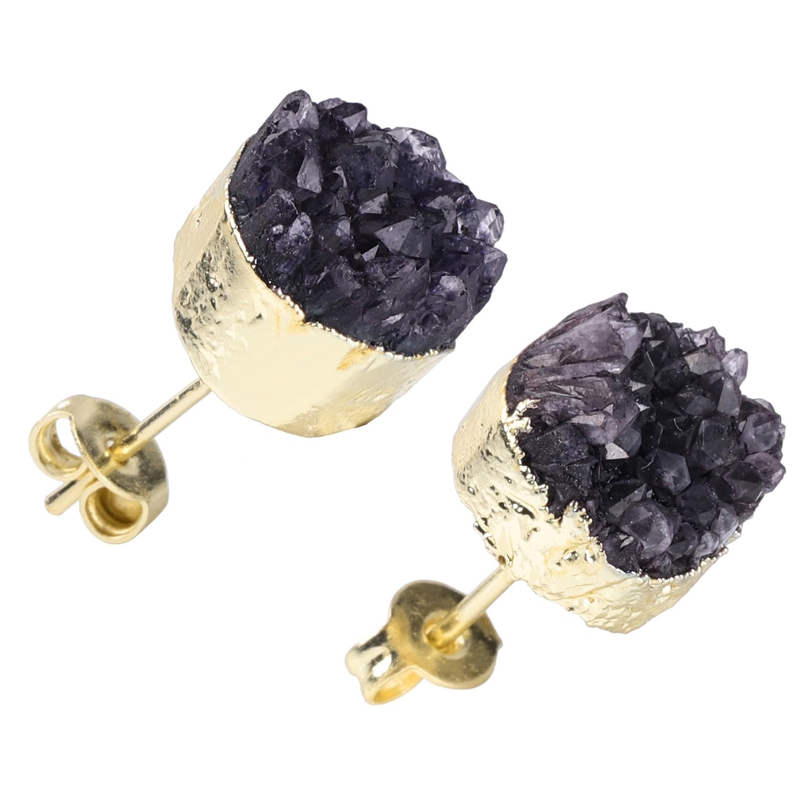 SUNYIK Titanium Coated Crystal Quartz Geode Druzy Stud Earrings for Women - Irregular Natural Drusy Stone Earrings - Perfect for Everyday Wear, Gift Giving & Boho Jewelry Collection