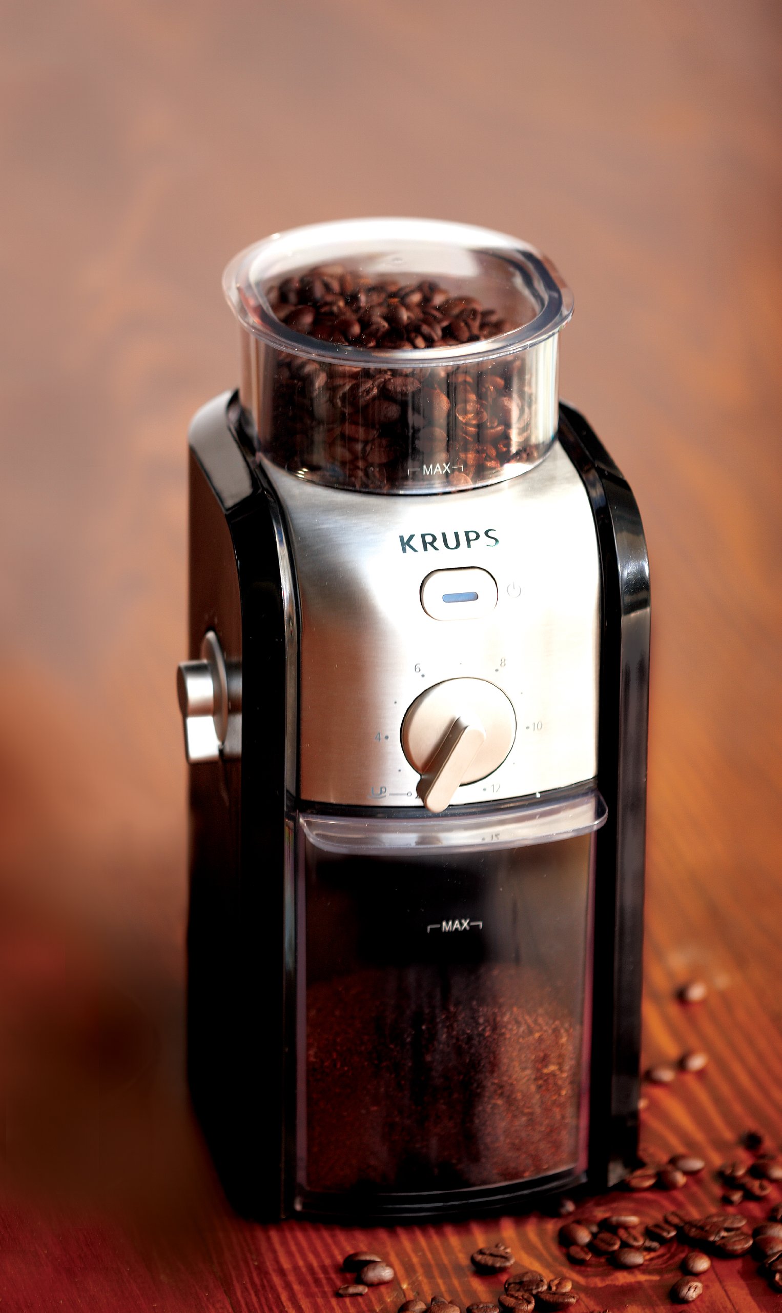 KRUPS Stainless Steel Flat Burr Coffee Grinder - Adjustable Grind Size & Cup Selection - 8-Ounce Capacity - Black & Metal Design for Espresso, French Press & Pour Over Coffee Brewing