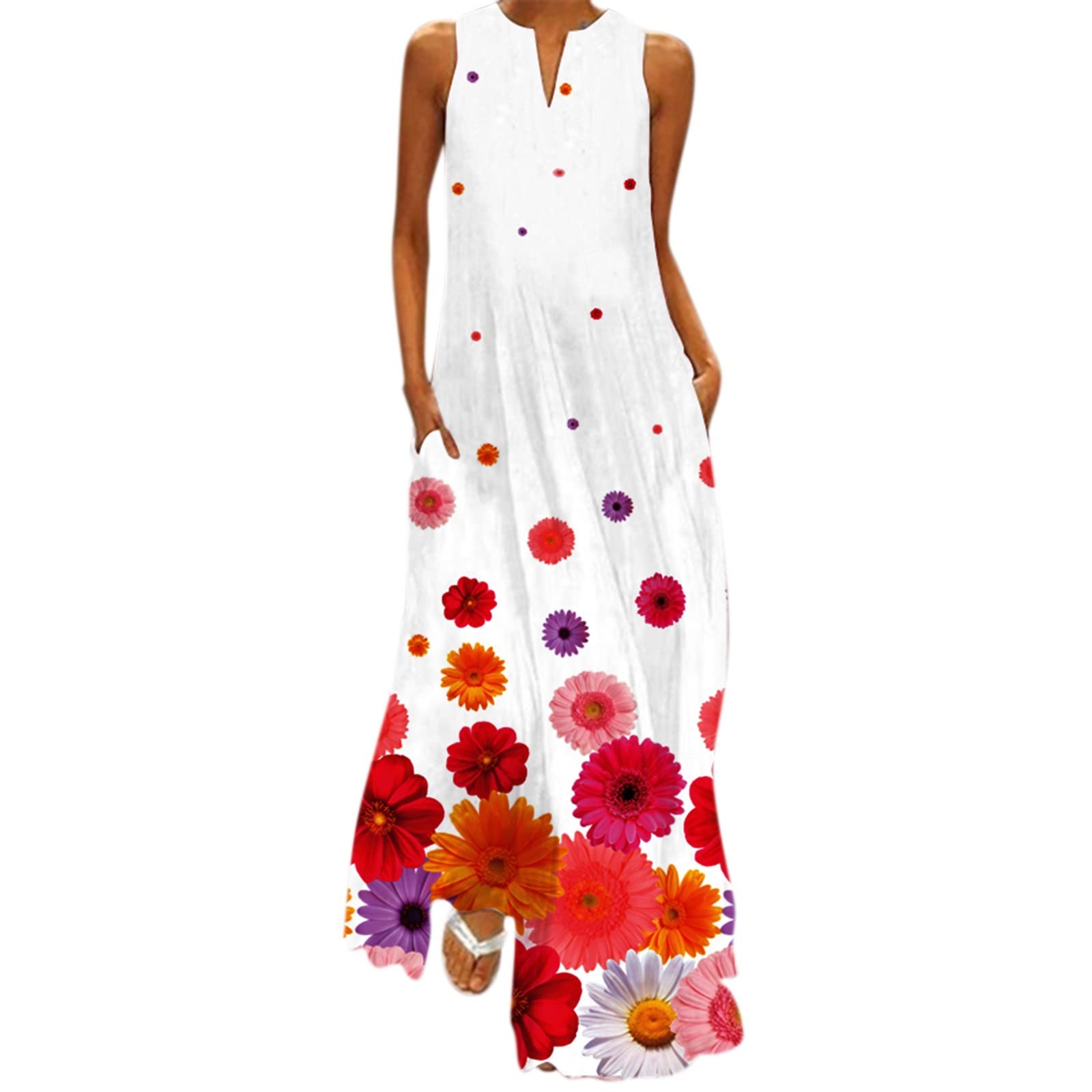**Women's Boho Beach Maxi Dress - Floral Print V-Neck Sleeveless Sundress with Pockets | Perfect for Summer Vacations, Pool Parties & Casual Outings**