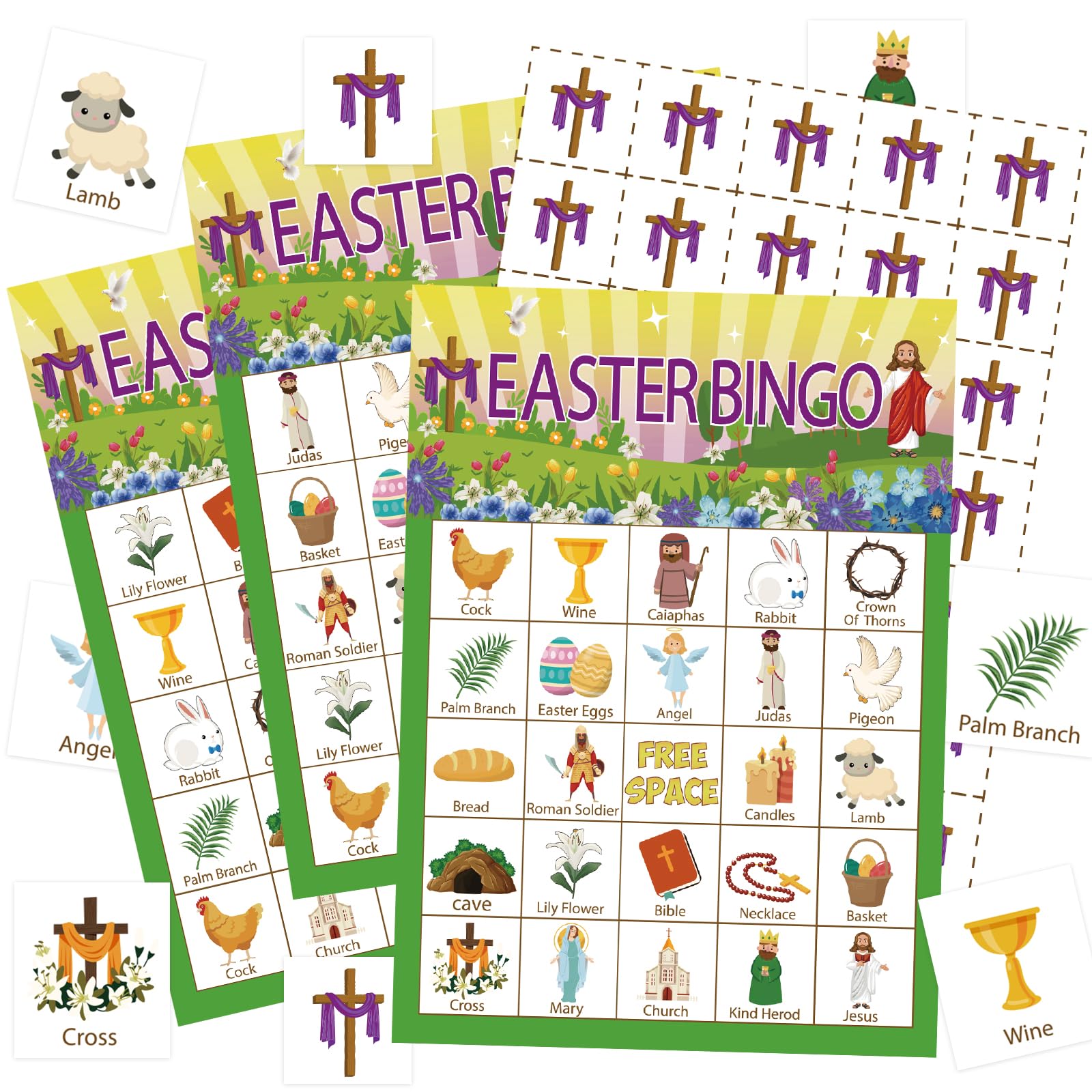 Easter Bingo Game Set for Kids, Adults & Family - 24 Player Religious Bible Bingo Cards with Easter Themes - Perfect for Church, Sunday School, Birthday Parties & Family Game Nights
