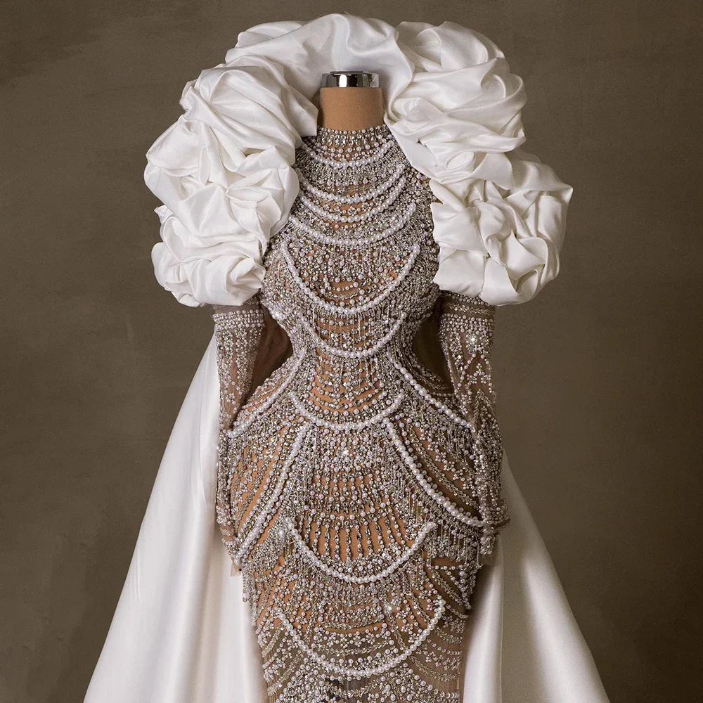 Luxury Dubai Arabian Nude Mermaid Evening Gown with Pearl Beading - Elegant Formal Dress for Weddings, Galas & Special Occasions - LA72091A