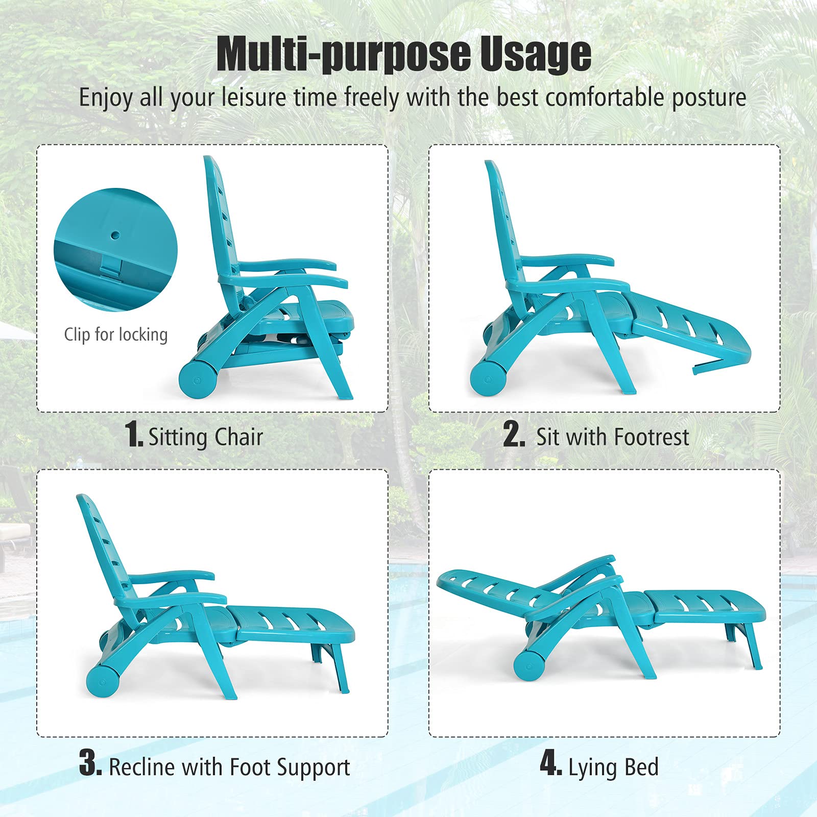 Giantex Folding Patio Chaise Lounge Recliner with Wheels - 5 Adjustable Positions, Armrests & Turquoise Fabric - Perfect for Poolside, Beach, Garden, Backyard & Outdoor Sunbathing - Portable Rolling Deck Chair for Relaxation (2-Pack)