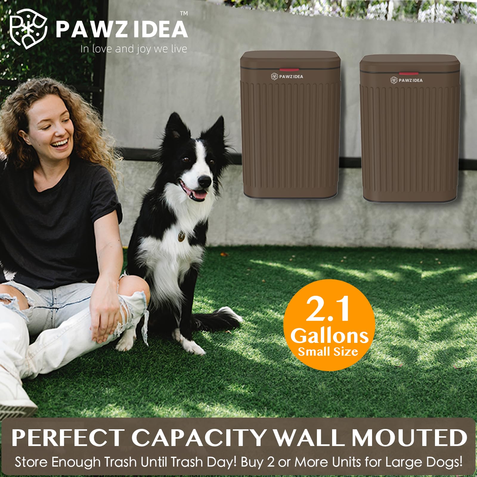 PAWZIDEA 2.1 Gallon Wall Mount Dog Waste Bin with Lid - Odor Control Activated Carbon, Waterproof Metal Pet Poop Disposal Can for Outdoor Fence - Perfect for Backyard, Garden & Dog Park Cleanup