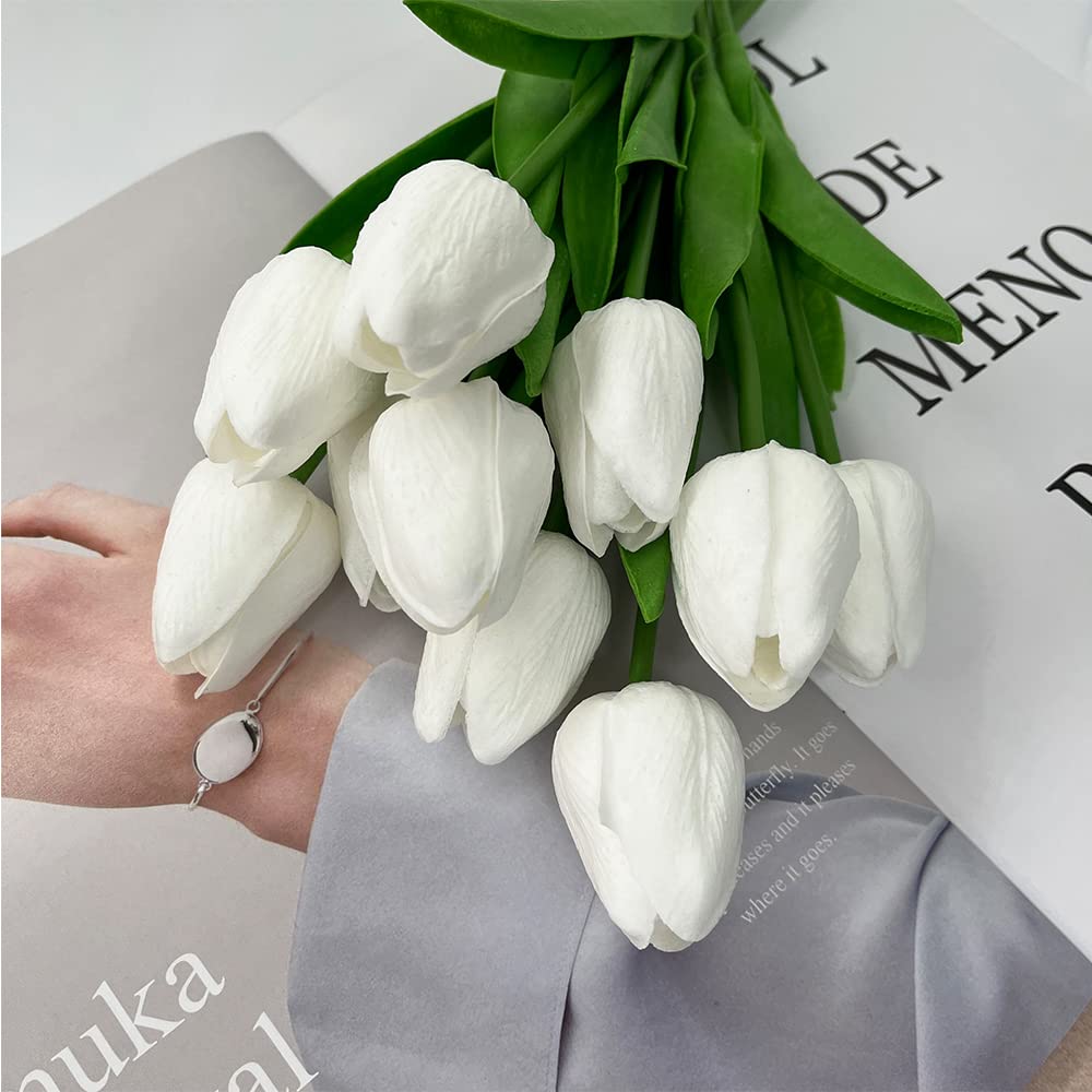 10 Pcs Realistic PU Touch Tulips Artificial Flowers - White Fake Tulip Bouquets for Home, Office, Wedding & Party Decor (Perfect for Centerpieces, Table Arrangements & Gift Wrapping)