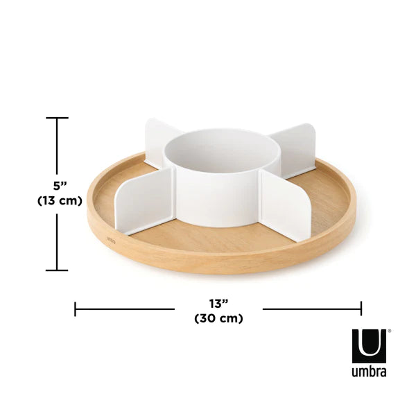 Bellwood 12-Inch Lazy Susan Turntable with 4 Divider Sections - White/Natural Wooden Rotating Serving Tray for Dining Table, Kitchen Countertop, or Pantry Organization