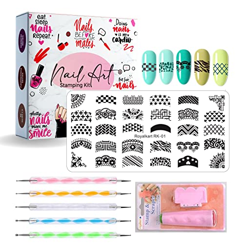 RoyalKart Nail Art Kit for Girls - 5-Piece Dotting Pen Set with Nail Stamping Plate, Stamper & Scraper | Abstract Design Manicure Tools | Perfect for DIY Nail Art, Home Salon & Gift Giving (RK-01)