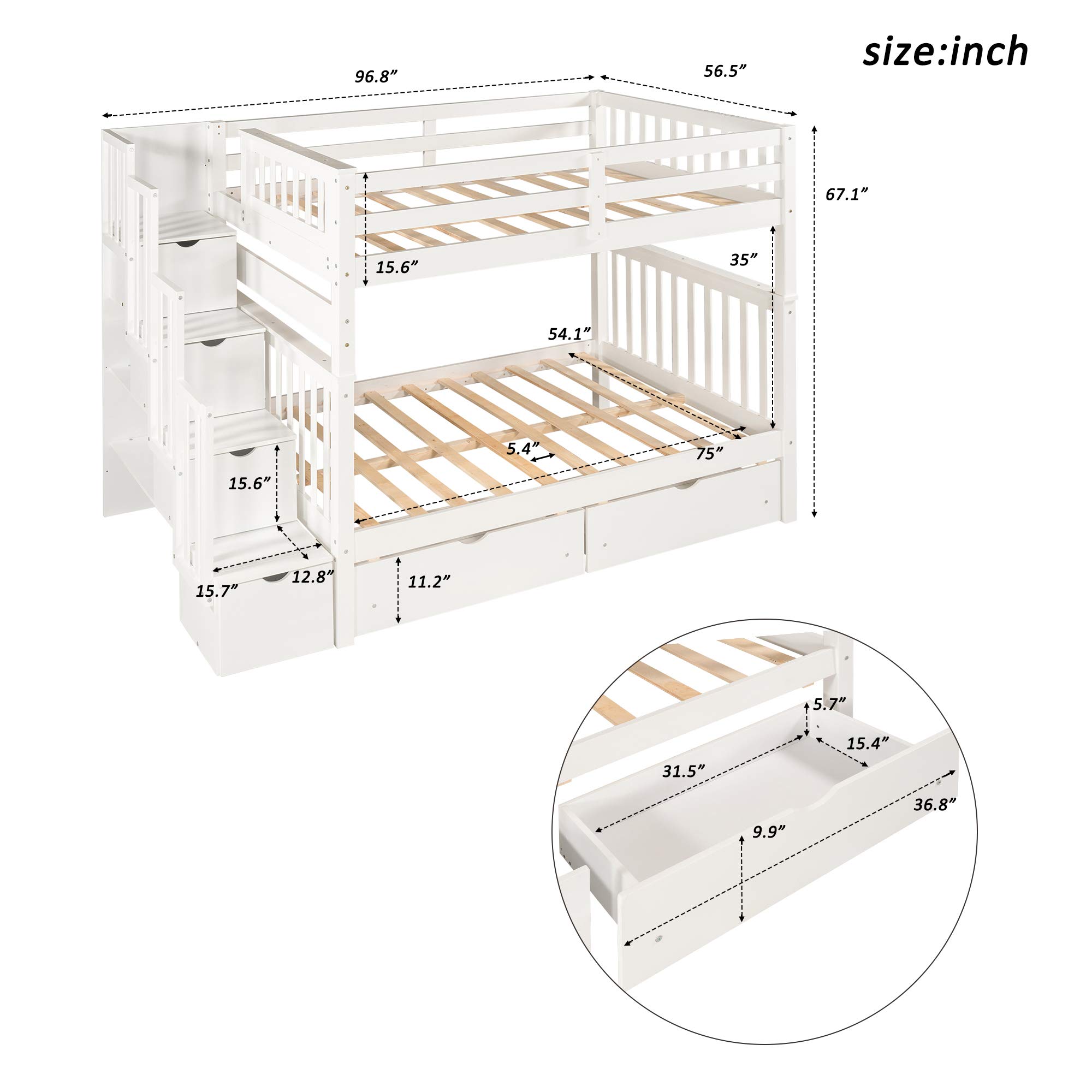 Harper & Bright Designs Full Over Full Bunk Bed with Shelves & 6 Drawers - Convertible Wood Bunk Bed Frame to Twin Beds - Space Saving Kids & Teens Bedroom Furniture - Perfect for Small Rooms, Shared Bedrooms & Sleepovers (White)
