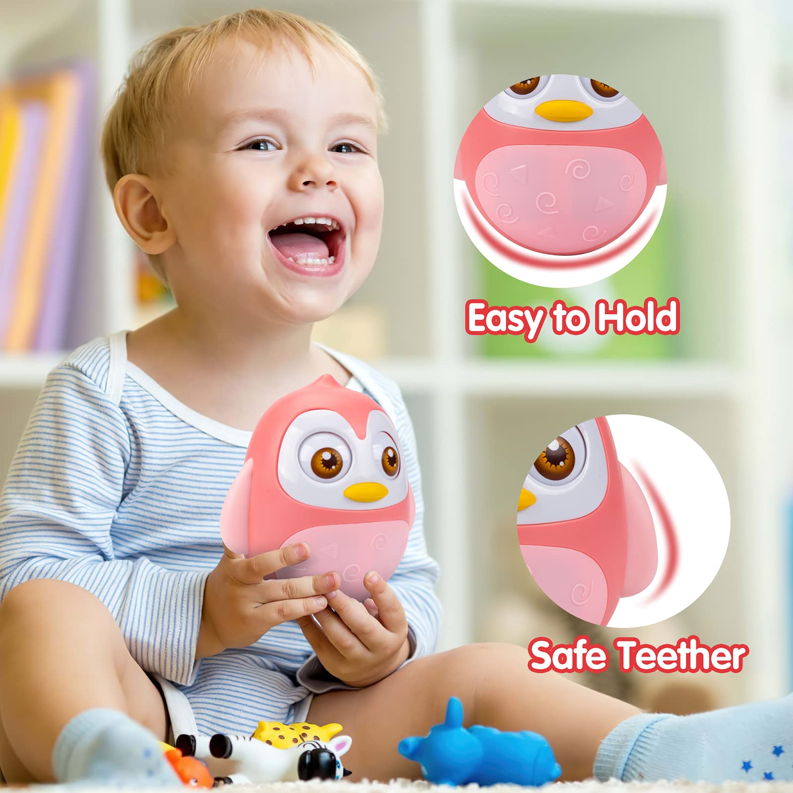 UNIH Roly Poly Penguin Baby Toy - Tummy Time Wobbler for 6-12 Month Olds | Developmental Learning Toy for Infants | Gift for Baby Boys & Girls (Pink) | Perfect for Nursery Playtime & Early Motor Skills Development