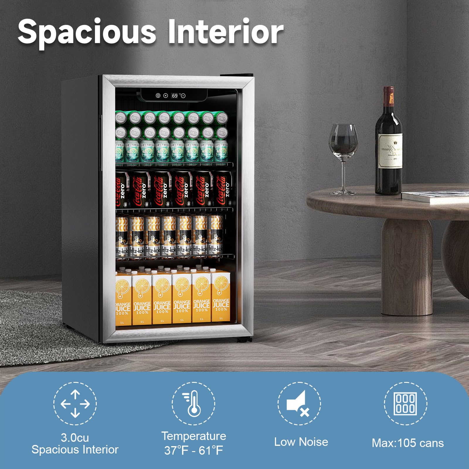 3.0 Cu.ft Beverage Refrigerator Cooler - 105 Can Capacity Mini Fridge with Reversible Glass Door & Digital Temperature Control for Beer, Wine, Soda - Adjustable Shelves for Office, Bar, Home, or Dorm Room Use