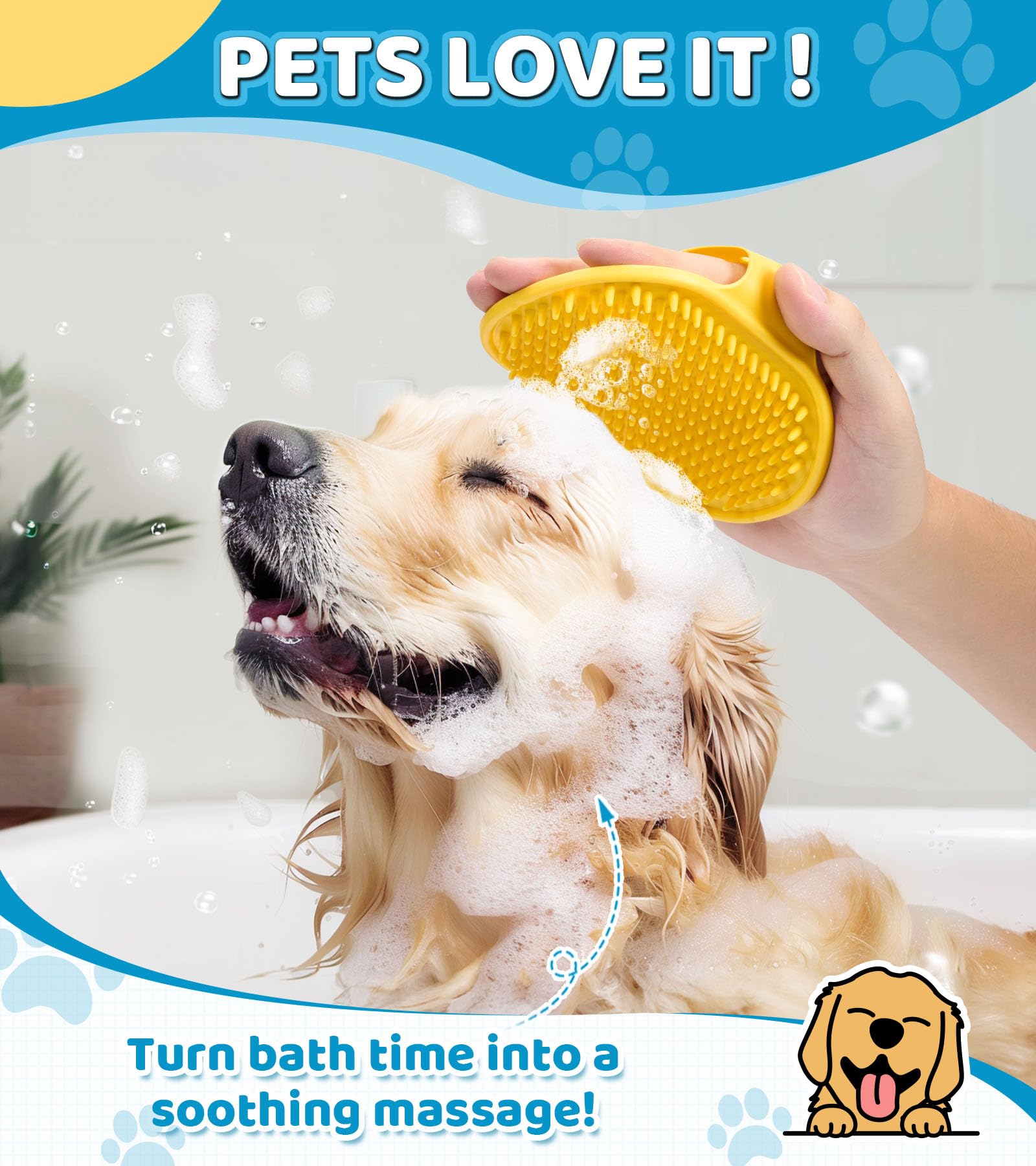 4PCS Dog Bath Brush Set - Pet Massage Shampoo Brush & Scrubber for Dog Washing - Soft Silicone Bristles Grooming Brush for Dogs & Cats - Perfect for Bath Time, Shedding Control & Relaxing Massage - Blue