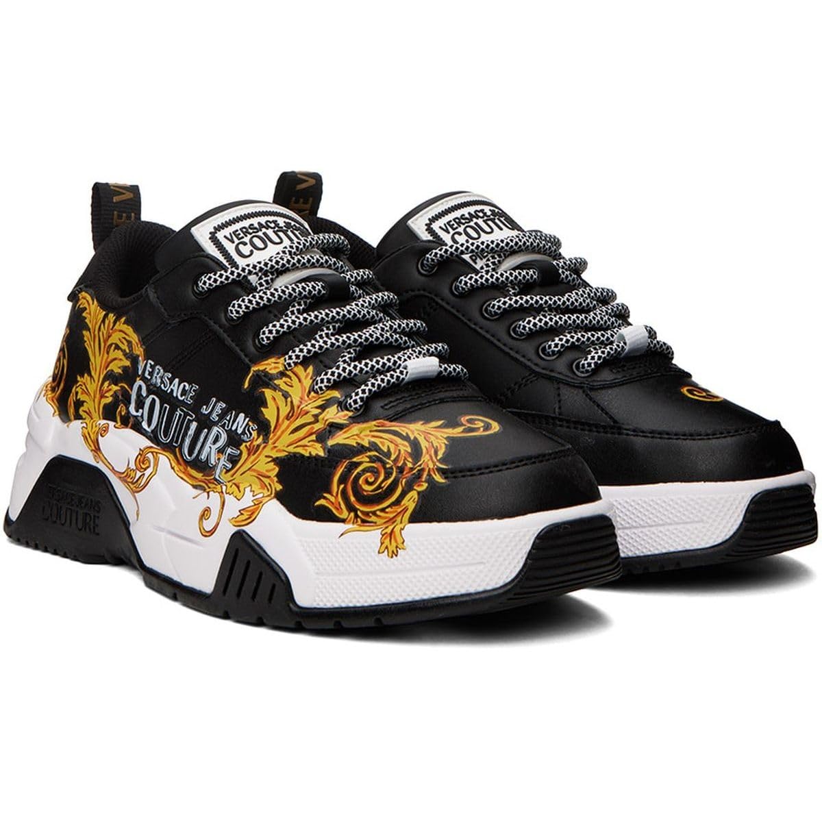 Versace Jeans Couture Men's Black Leather Sneakers with Baroque Print - Logo Front & Sides - Lace-Up Closure - Stylish Casual & Luxury Streetwear Shoes for Everyday Wear, Parties & Fashion Events