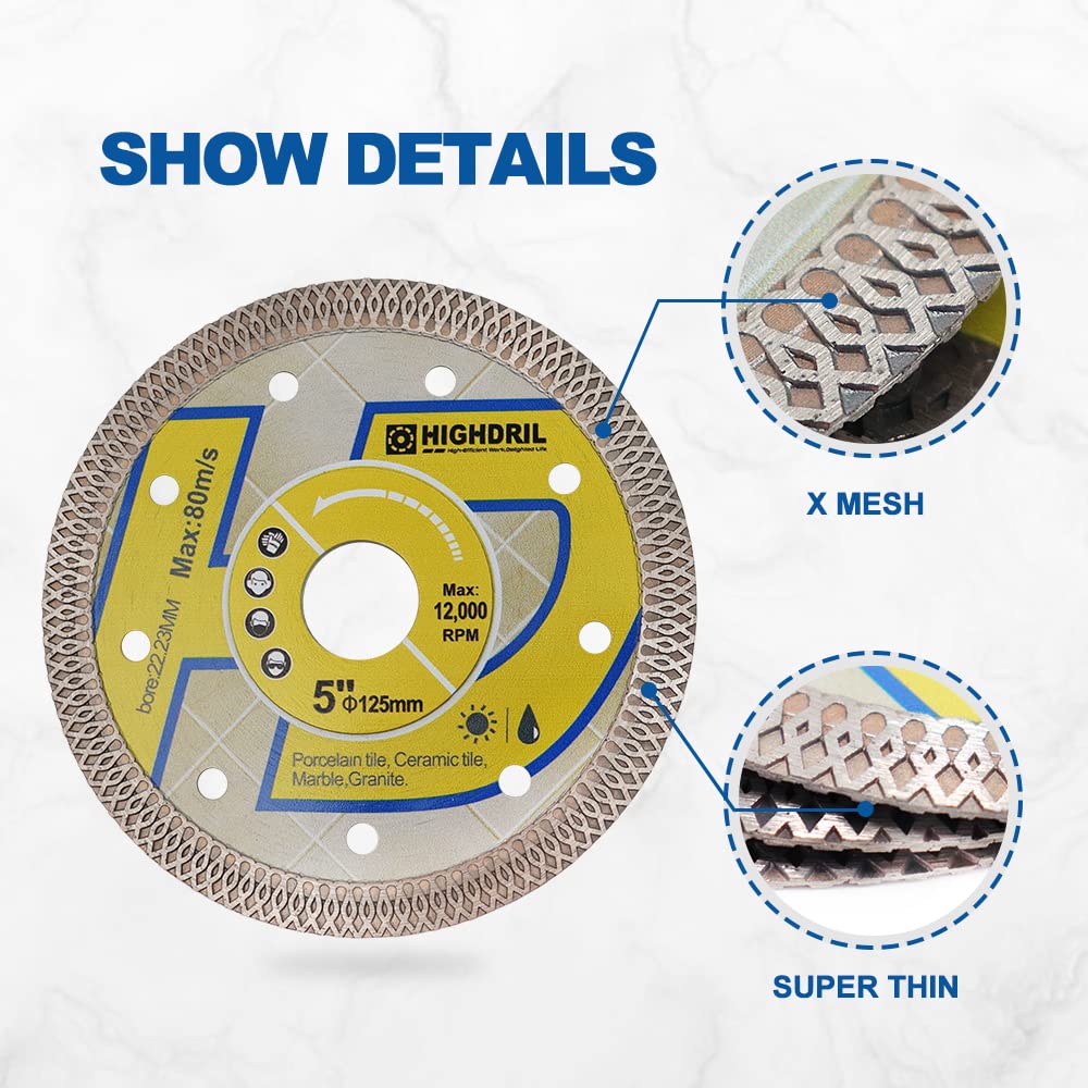5 Inch Diamond Saw Blade Set - 3 Pack Premium Diamond Tile Cutting Disc for Porcelain, Ceramic, Granite & Marble - Turbo X Mesh Design for Dry/Wet Use with Circular Saws - Perfect for Home Renovation, Tile Installation & DIY Projects