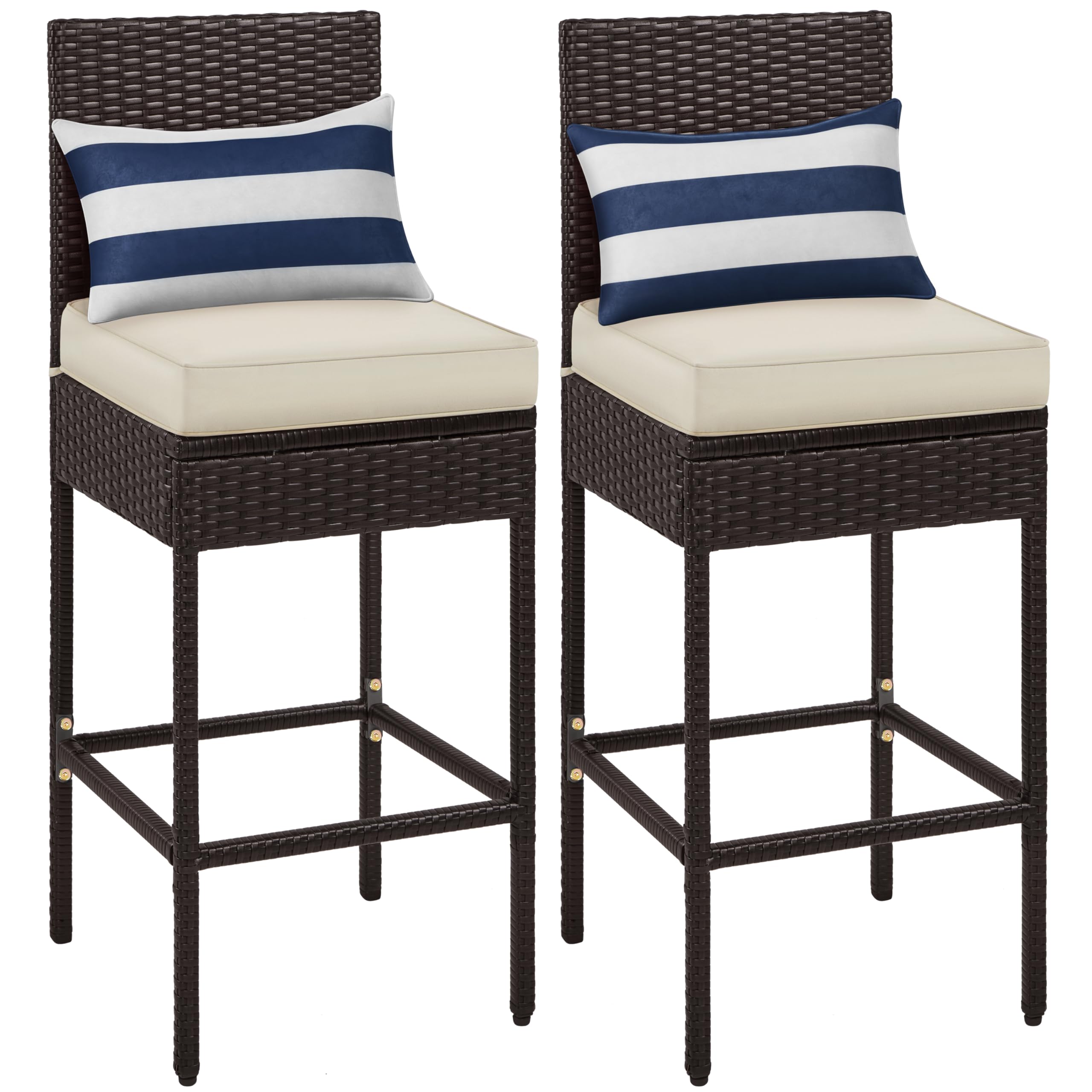 Yaheetech Set of 2 Outdoor Bar Stools - PE Rattan Bar Height Chairs with Cushions, Footrests & Backrest - 300lb Weight Capacity - Brown/Beige - Perfect for Patio, Backyard, Porch, Deck or Indoor Dining