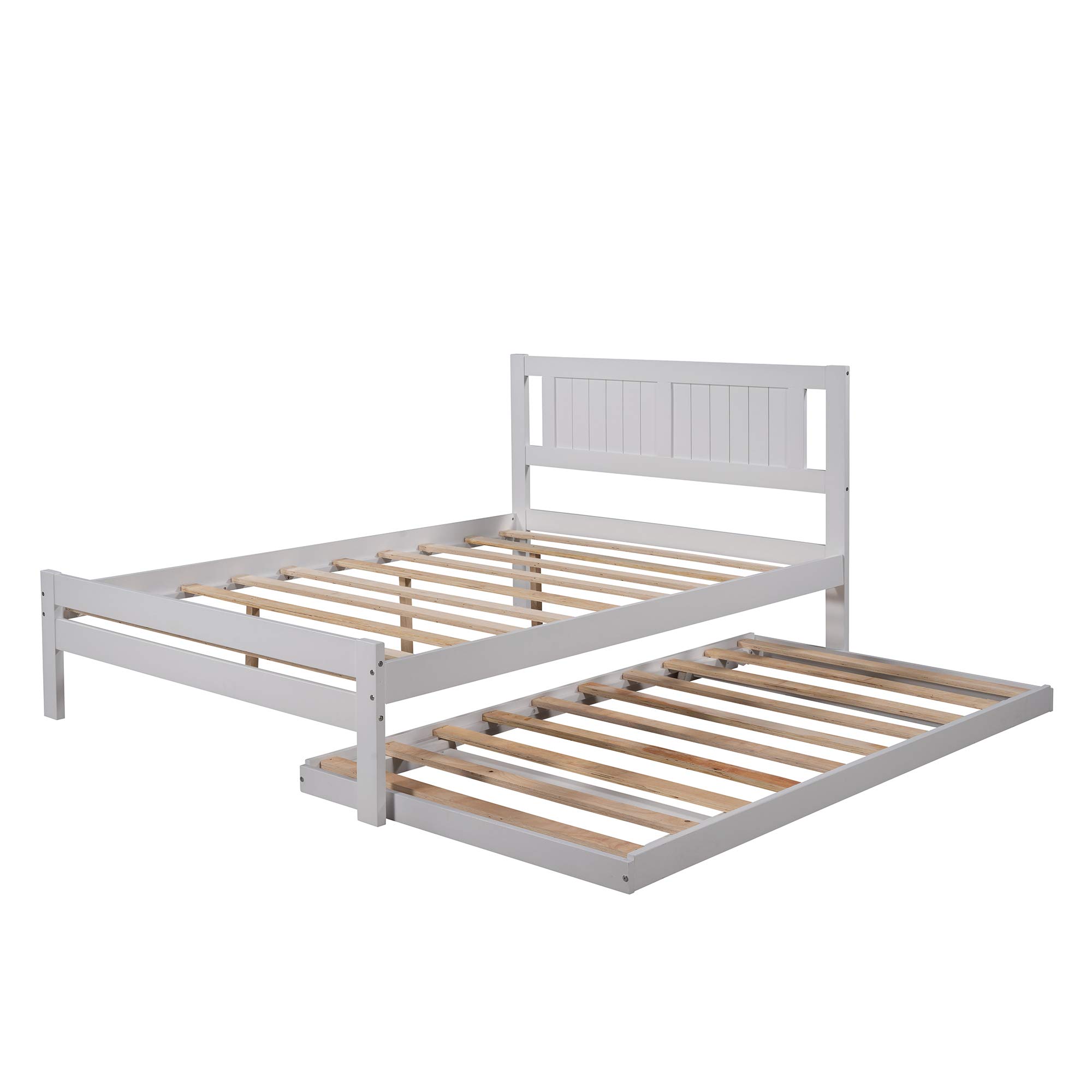 **Danxee Solid Wood Platform Bed with Adjustable Pull-Out Trundle & Headboard - Full Size, White - Perfect for Guest Rooms, Kids' Rooms & Small Spaces**